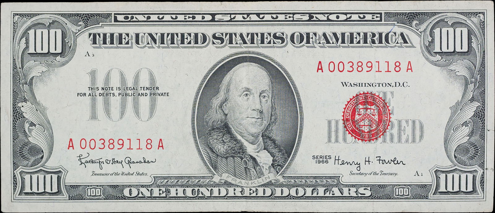 VF-EF 1966 Red Seal $100 Legal Tender U.S. Note (1 of 2)
