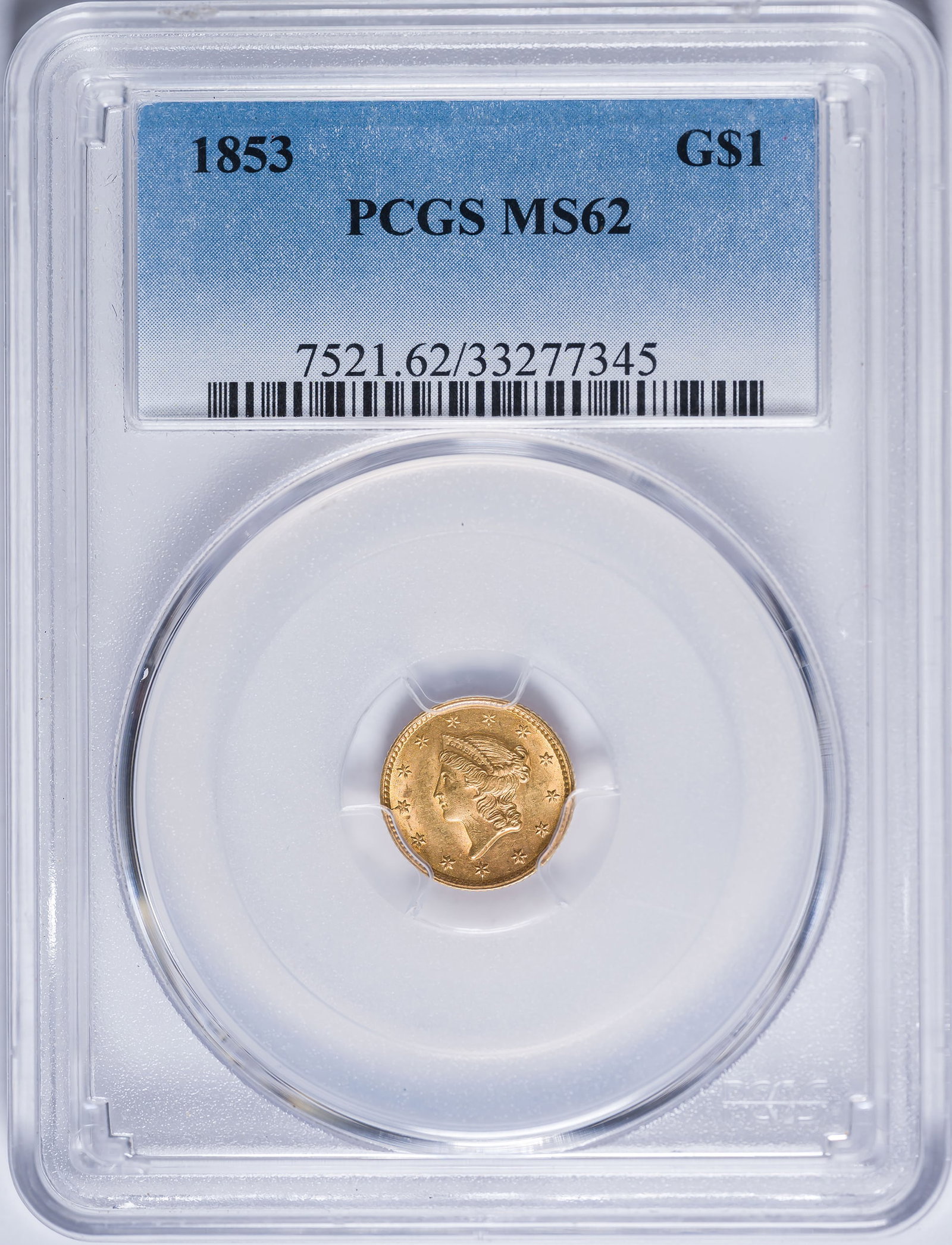 PCGS MS-62 1853 $1 Gold: Lustrous and original.