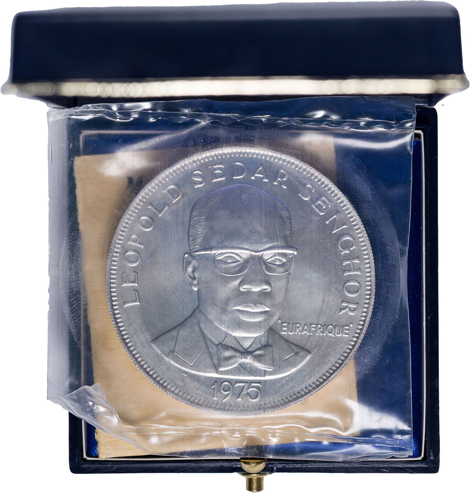 Senegal. Gem BU 1975 150 Francs Silver: Housed in original plastic. Just 1075 were struck. Contains .23783 oz of pure silver.