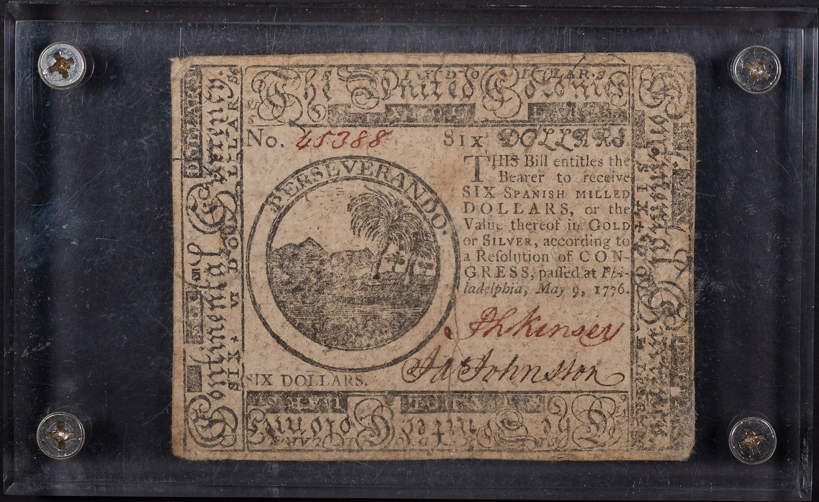 VF 1776 $ Continental Currency: May 9, 1776. A nice, fully intact example. Housed in a heavy duty Lucite holder.