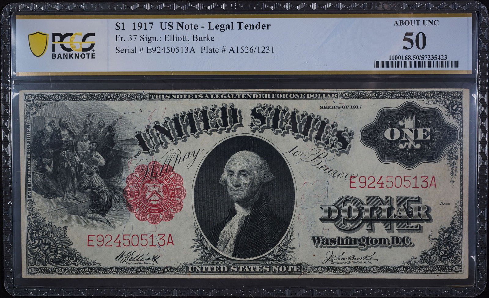 PCGS AU-50 1917 $1 Legal Tender: Fr.37. A nice AU example of this large size note.