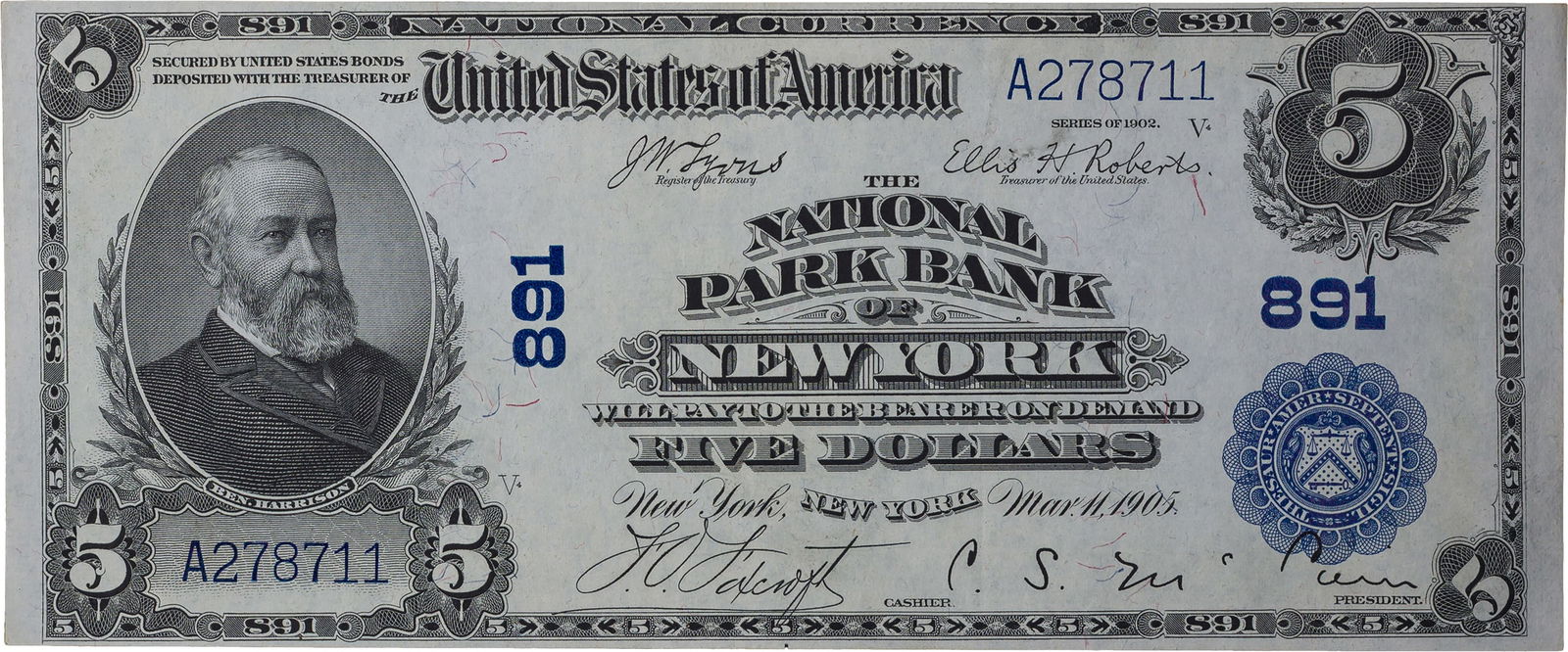 AU 1902 $5 NY National: Plain Back. The National Park Bank Of New York, NY. Shows no folds just a couple of minor bends. The issue is seldom seen this nice.