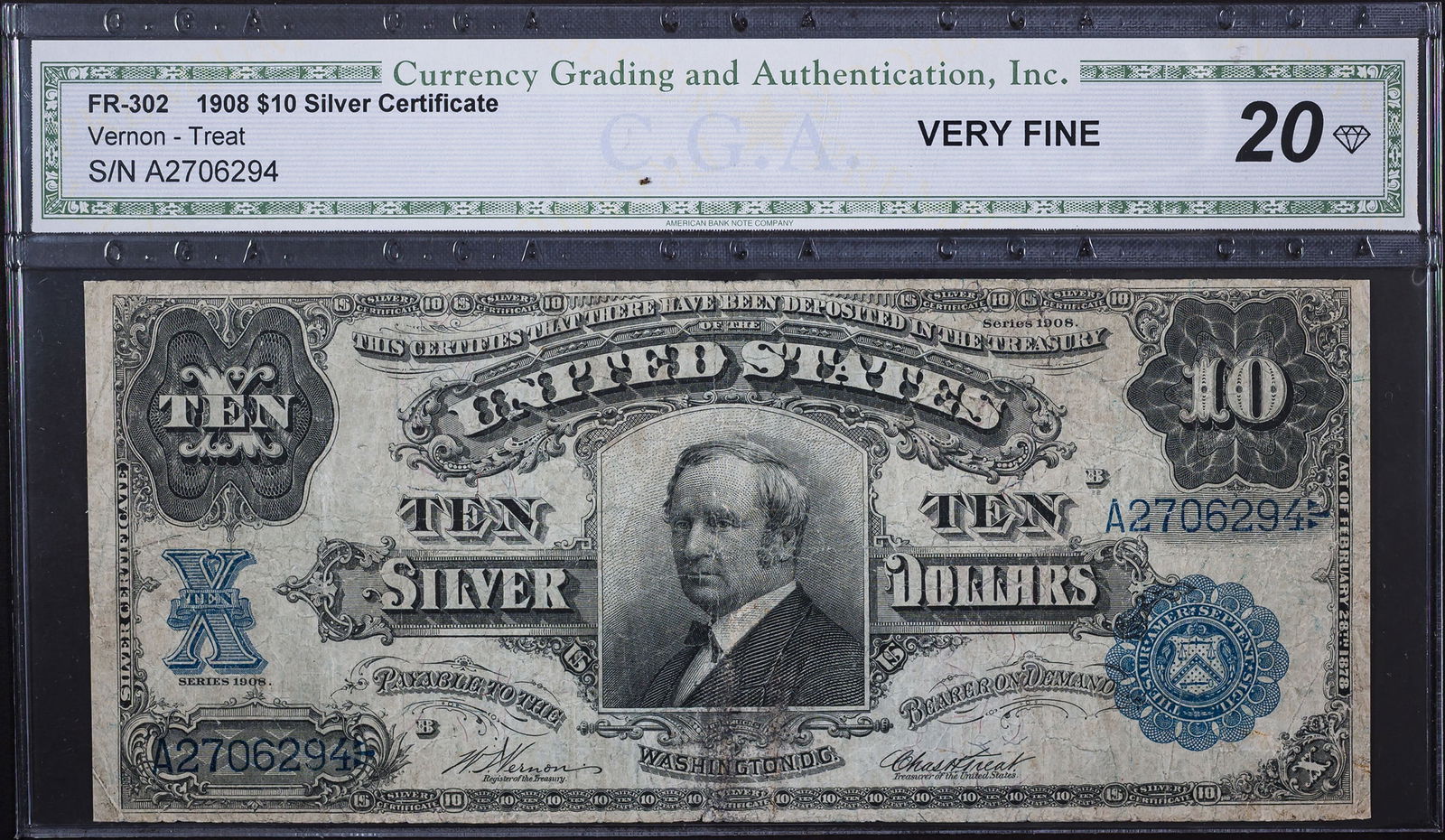 CGA VF-20 1908 $10 "Tombstone" Note: Fr.302. Might grade a little lower elsewhere, but we've seen notes no better than this in VF PMG/PCGS holders.