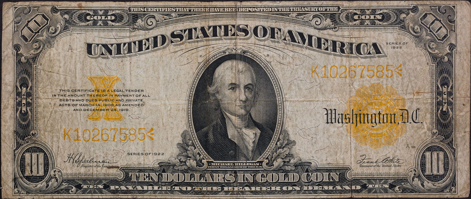 F-VF 1922 $10 Gold Certificate: Still retains a fair amount of crispness.
