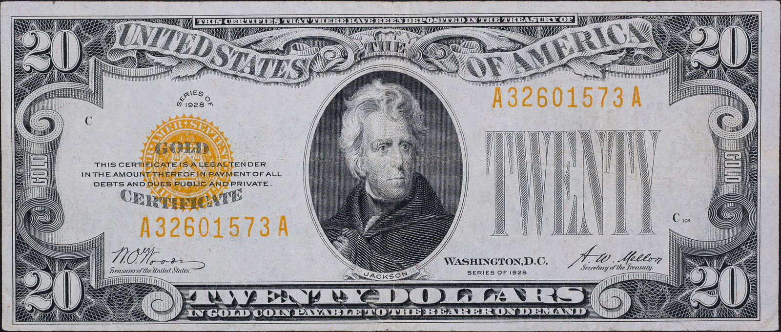 EF 1928 $20 Gold Certificate: Shows a light vertical and horizontal fold.