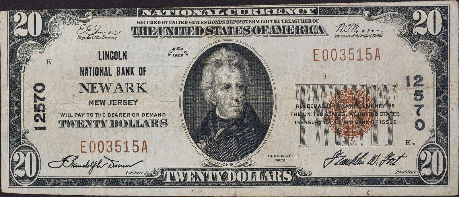 VF Details 1929 $20 New Jersey National: New Jersey. Lincoln National Bank of Newark. Serial No. E003515A. Charter No. 12570. Trimmed at top edge. Inking still bright.