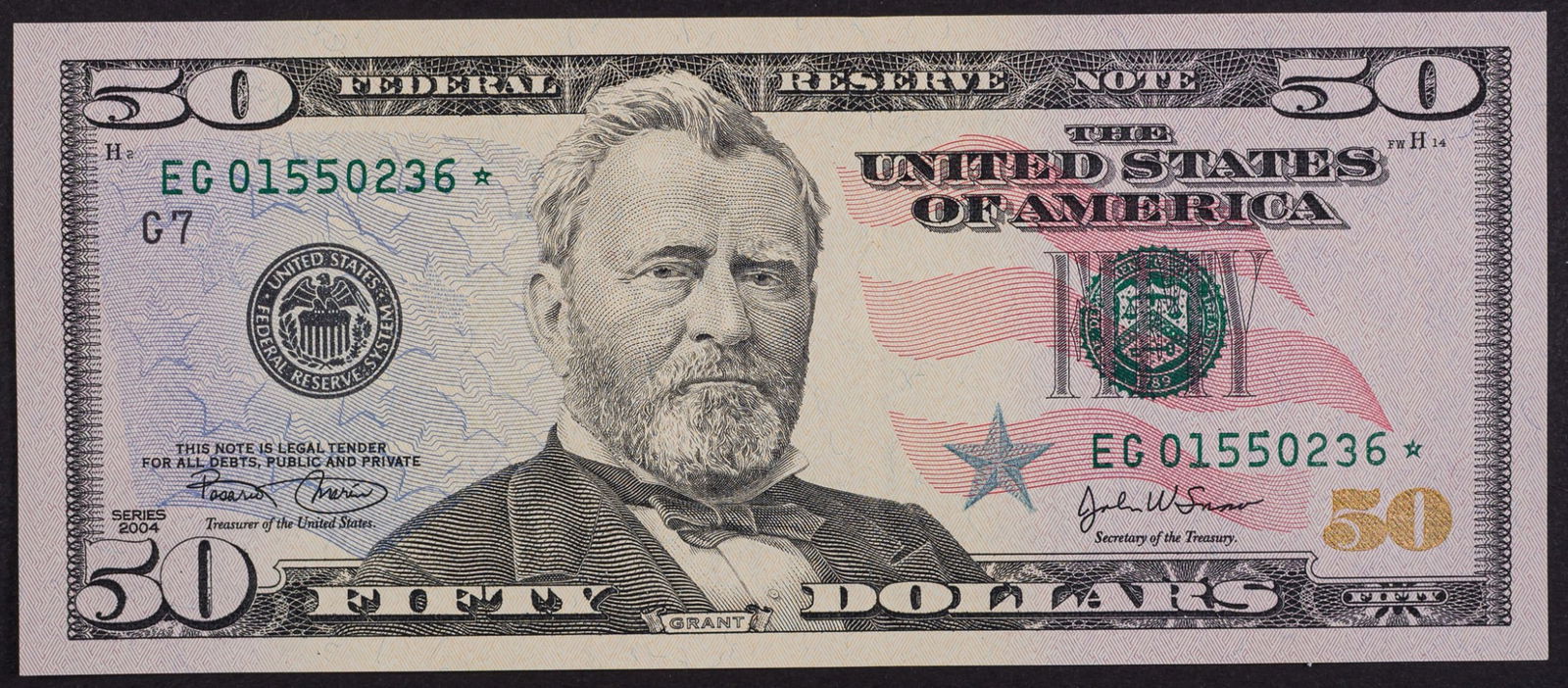 Choice CU 2004 $50 FRN Star Note: A very nice example that perhaps reached gem quality.