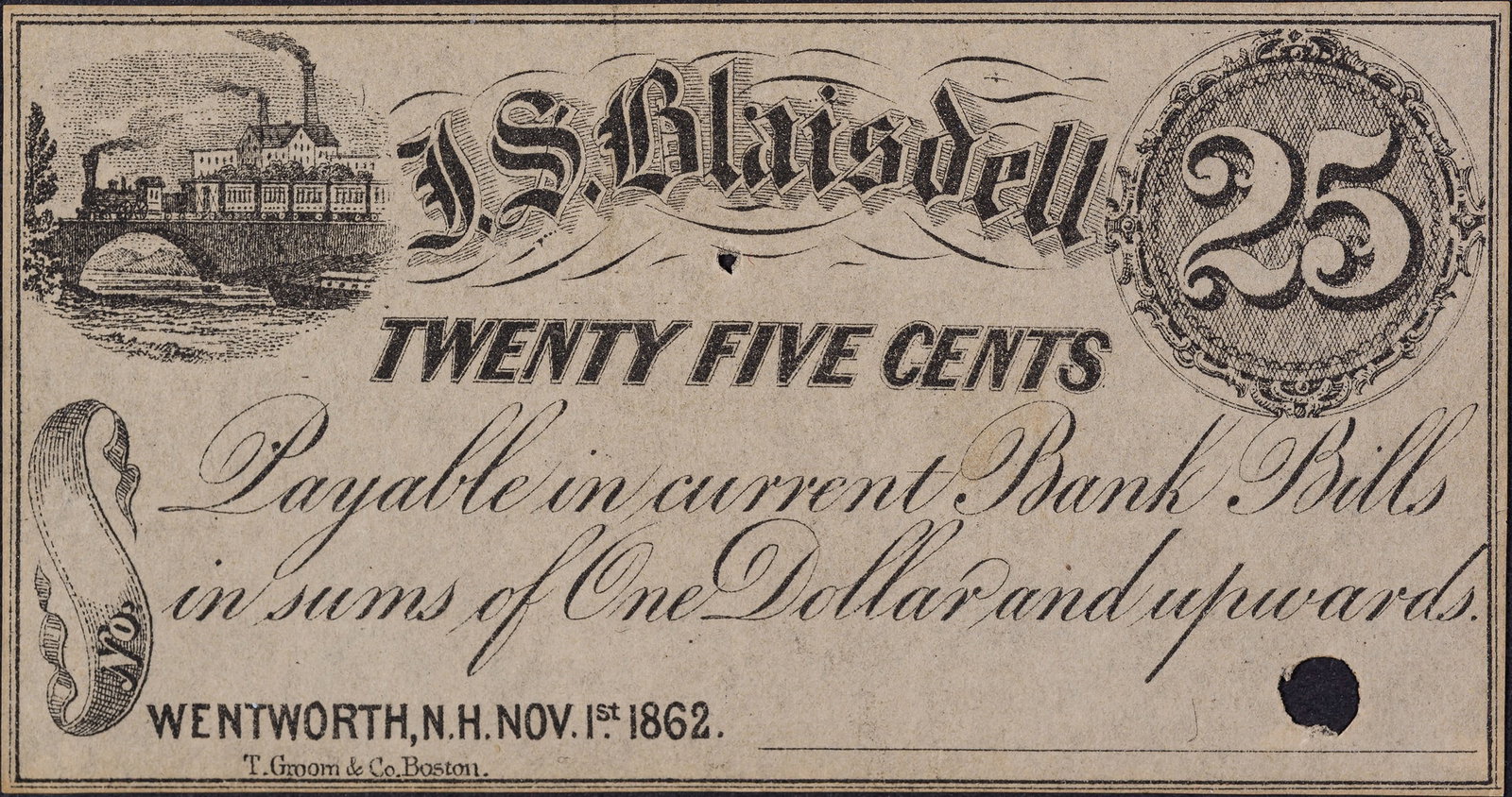 EF 1862 Wentworth NH 25 Cent Scrip (1 of 2)