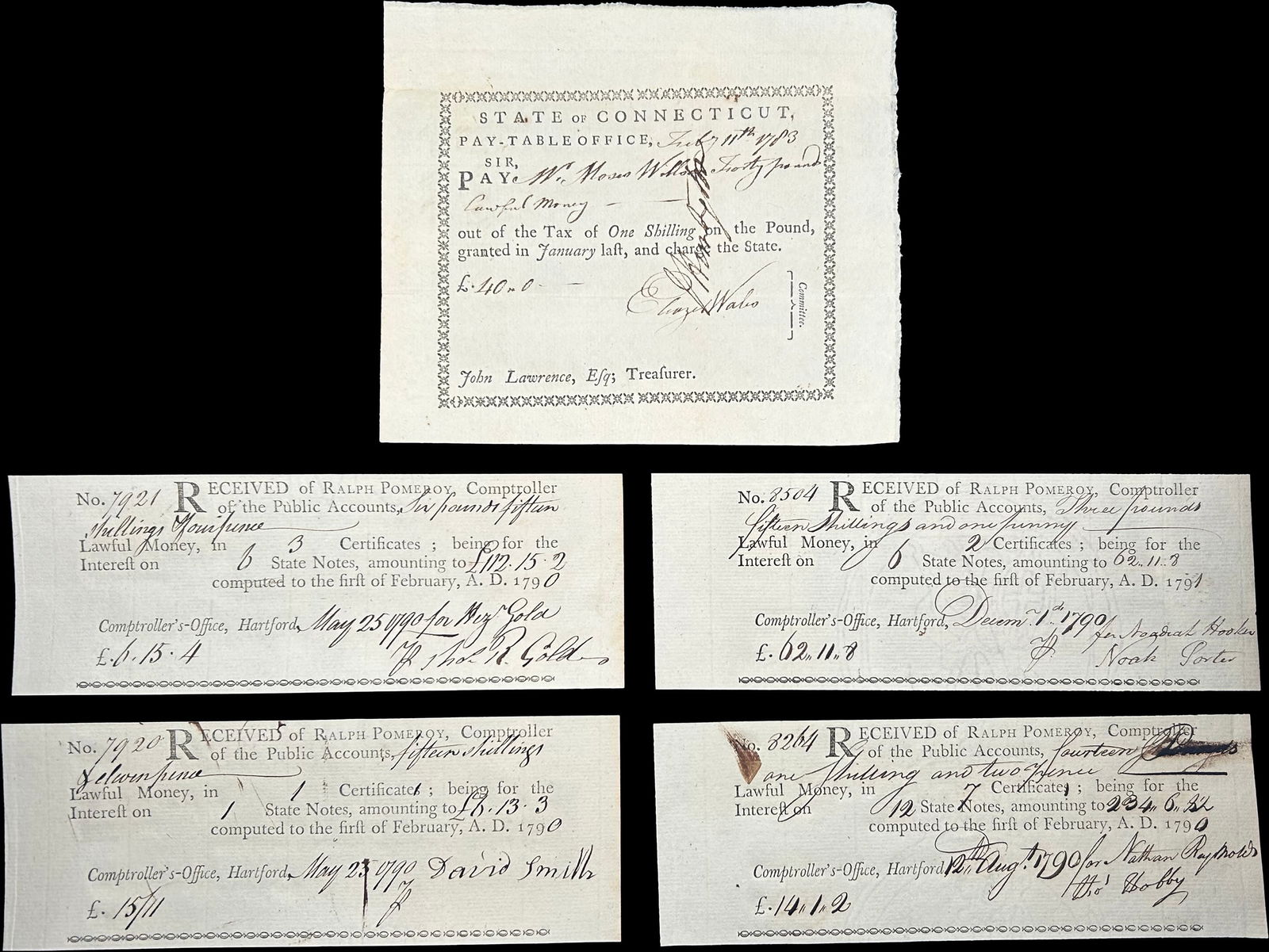 Connecticut. 18th-Century Pay Orders Quintet (1 of 1)