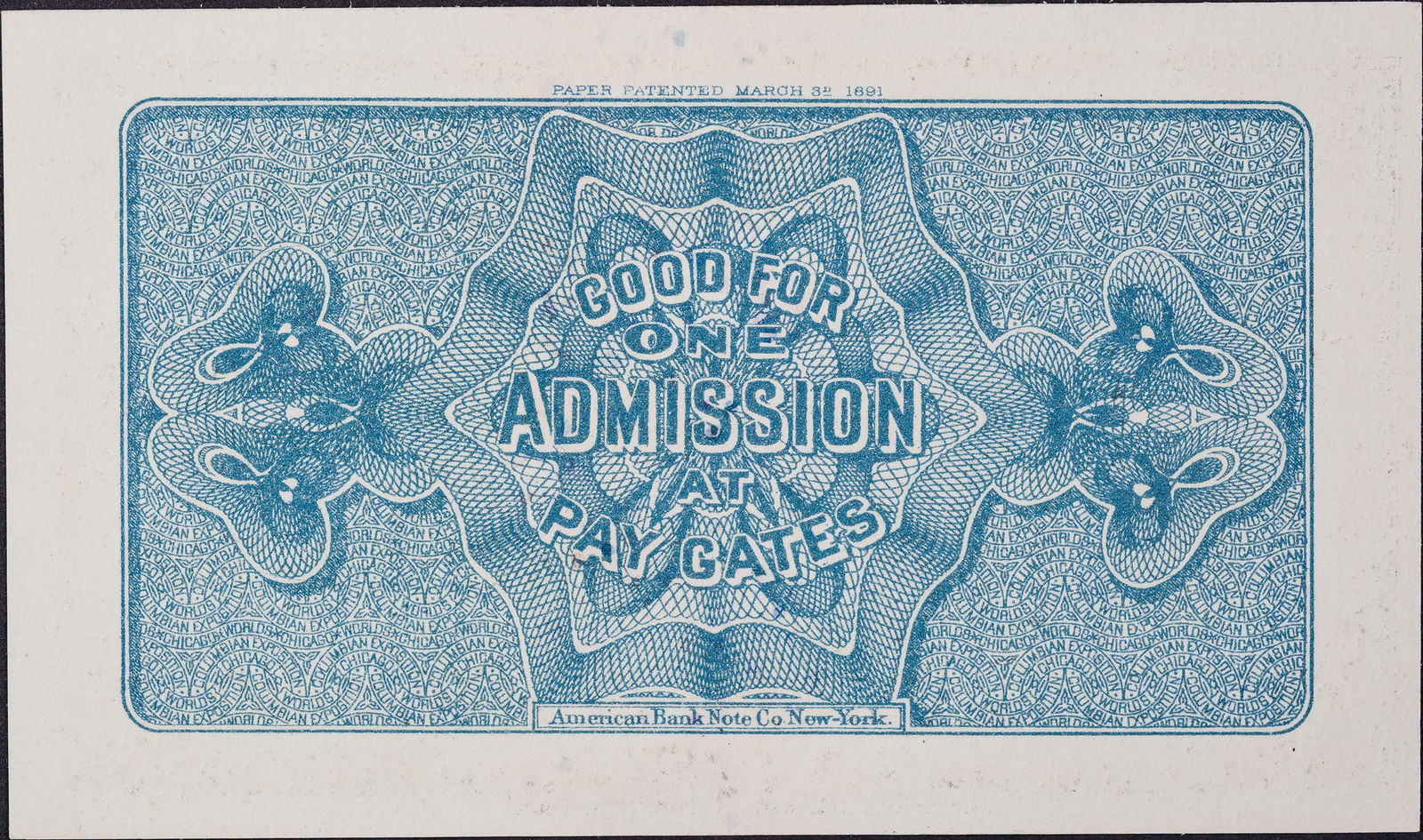 Crisp New 1893 Columbian Expo Entrance Ticket - 2