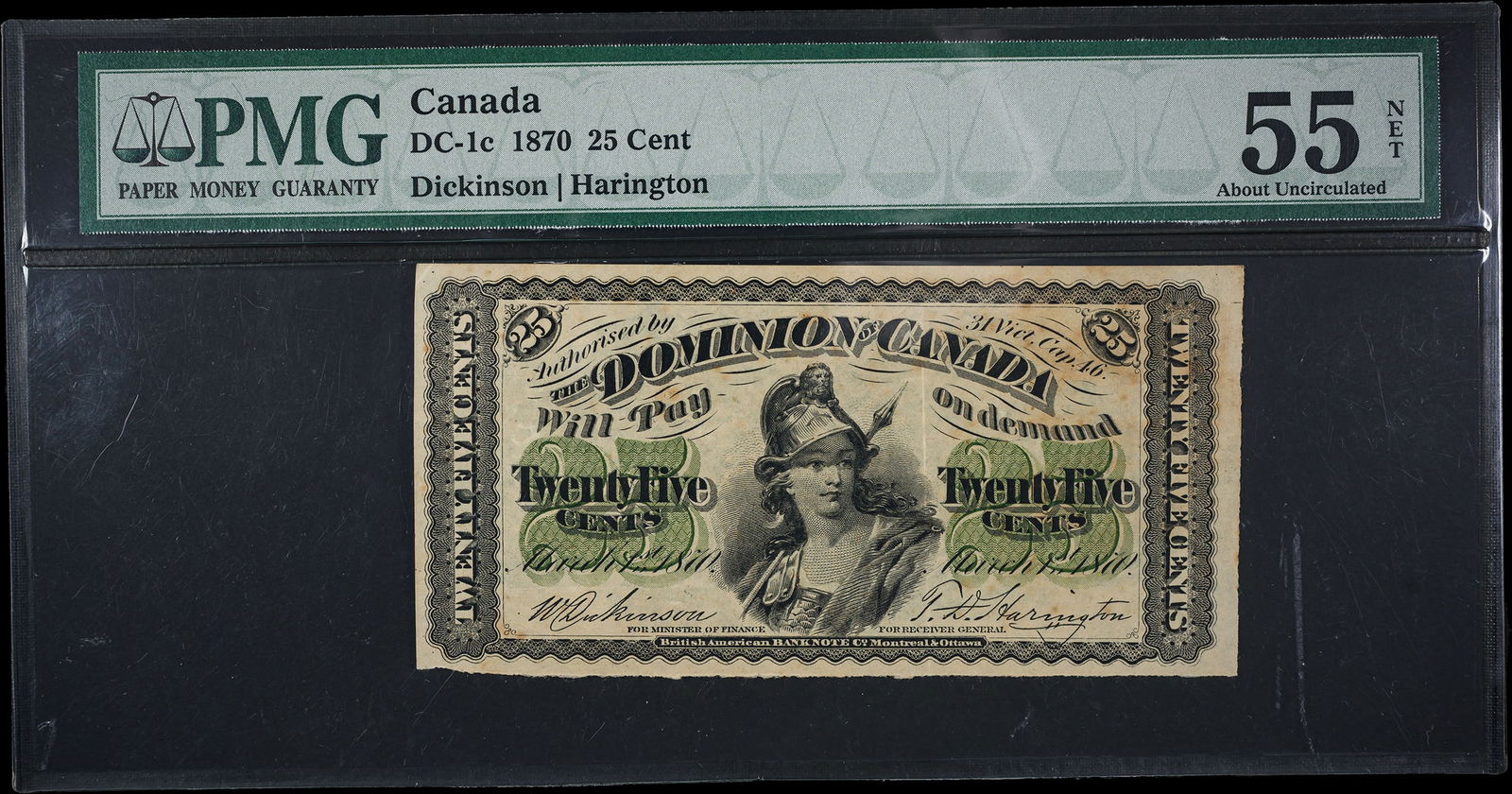 Canada. PMG 55 Net 1870 25 Cent: DC-1c. Shows some rust specks on the reverse.