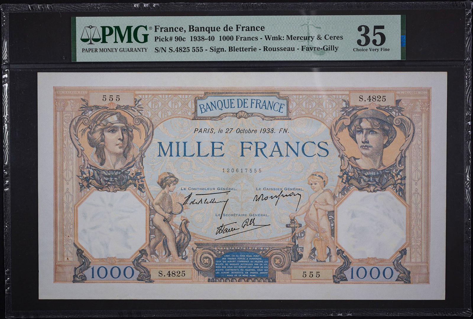 France. PMG VF-35 1938-40 1000 Francs: Pick #90c. An impressively large note!