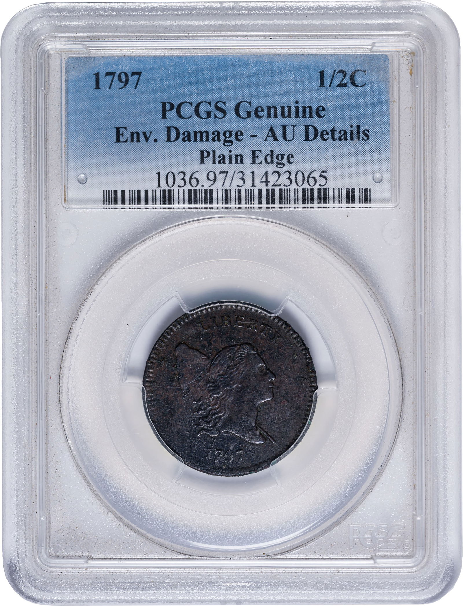 PCGS AU Details 1797 Plain Edge Half Cent: Genuine. Environmental Damage. Deep chocolate-brown, hard and glossy in places, some peckish granularity present in others, especially so at the reverse center. Sharp design elements throughout.