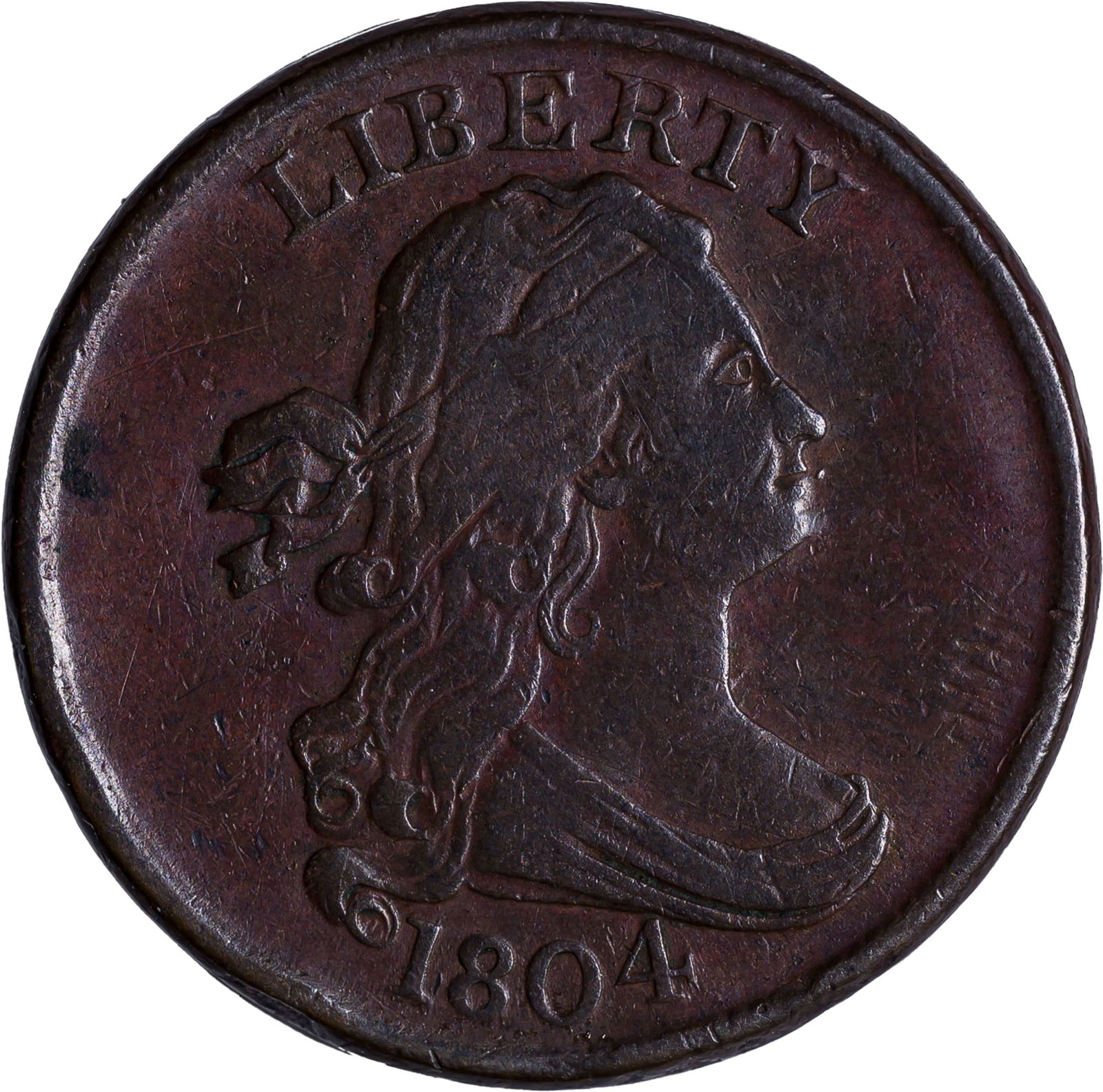 VF-20 1804 Spiked Chin Half Cent: Redish brown with a small spot on the obverse rim.