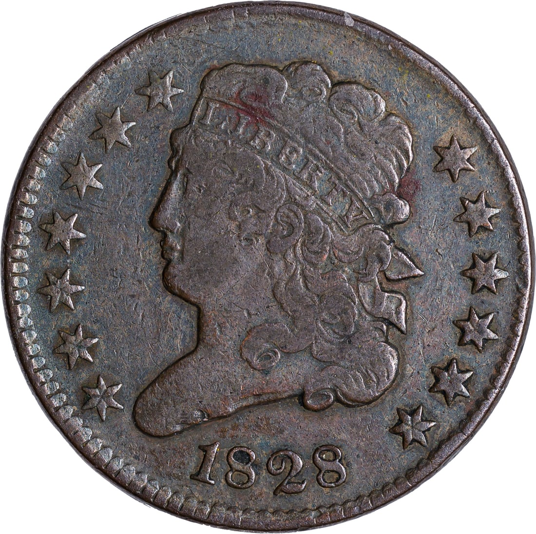 VF-25 1828 Half Cent: 13 Stars. Medium to chocolate brown.