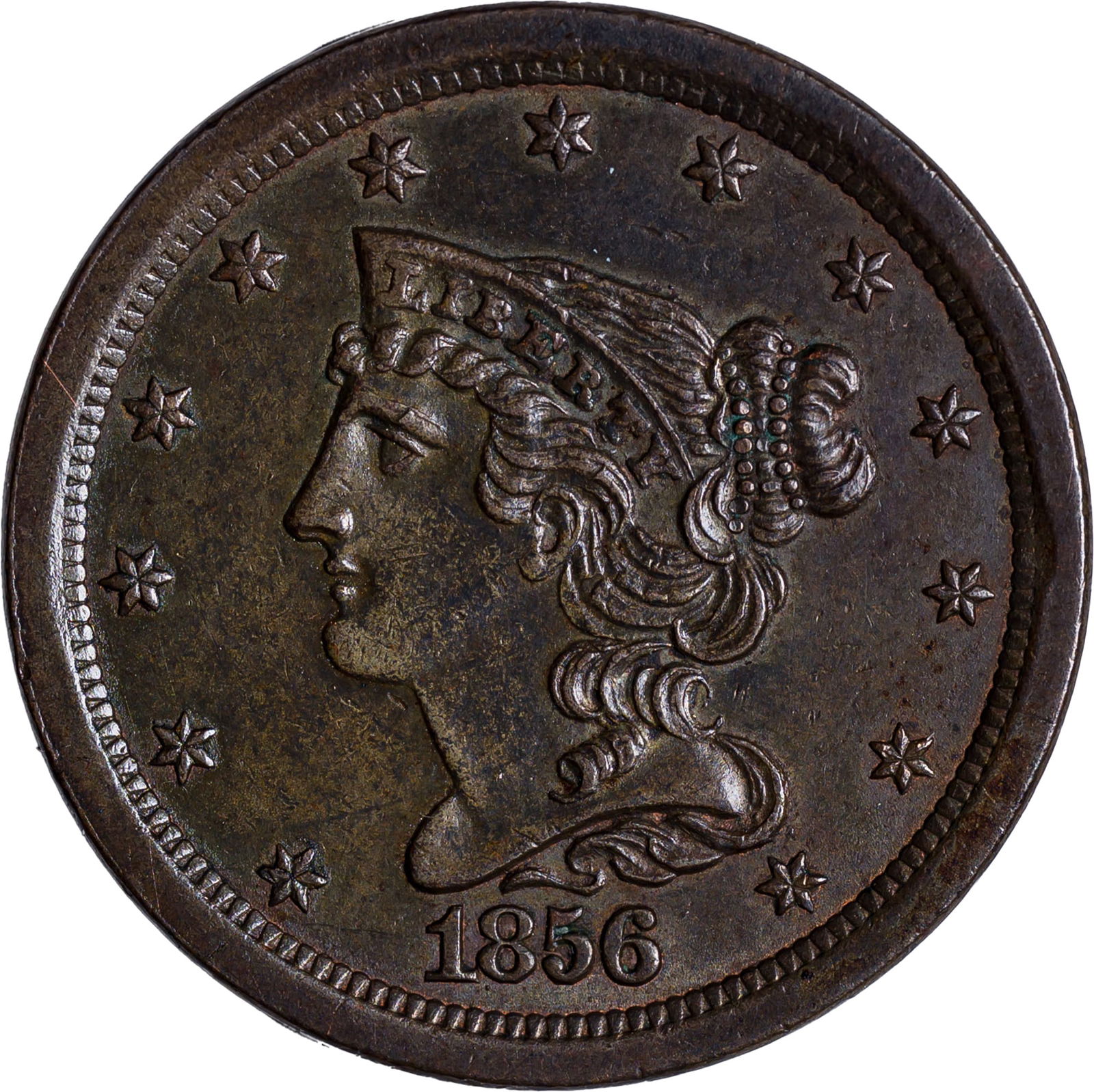 BU-60 1856 Half Cent: Sharp with nice olive brown color.