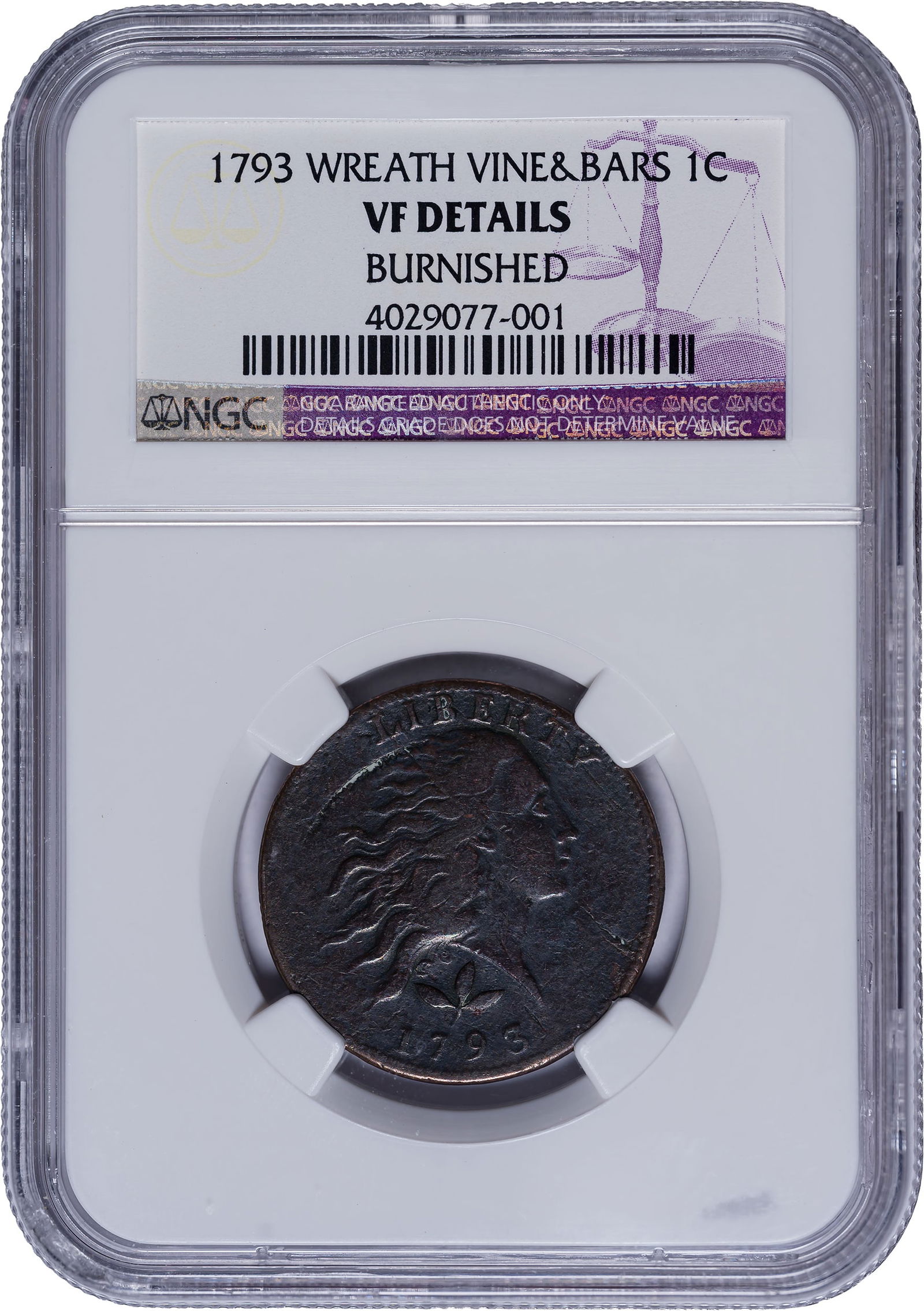 NGC VF Details 1793 Wreath Cent: Burnished. An attractive specimen in spite of the burnishing that took place eons ago. This desirable cent has recovered admirably! Attractive deep brown surfaces verging on chocolate-brown, with