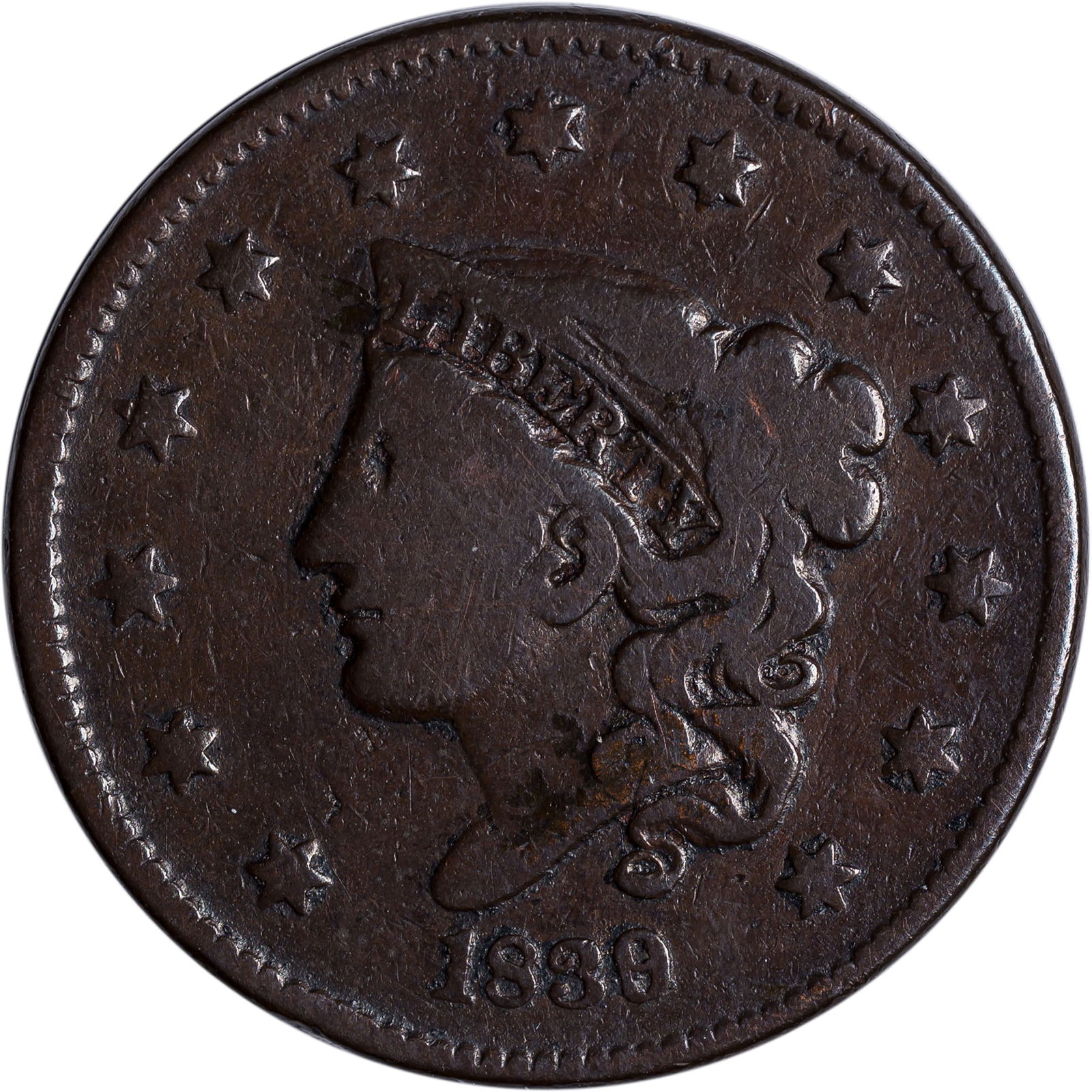 VG-8 Of Better 1839/6 Large Cent: A nice chocolate brown example.