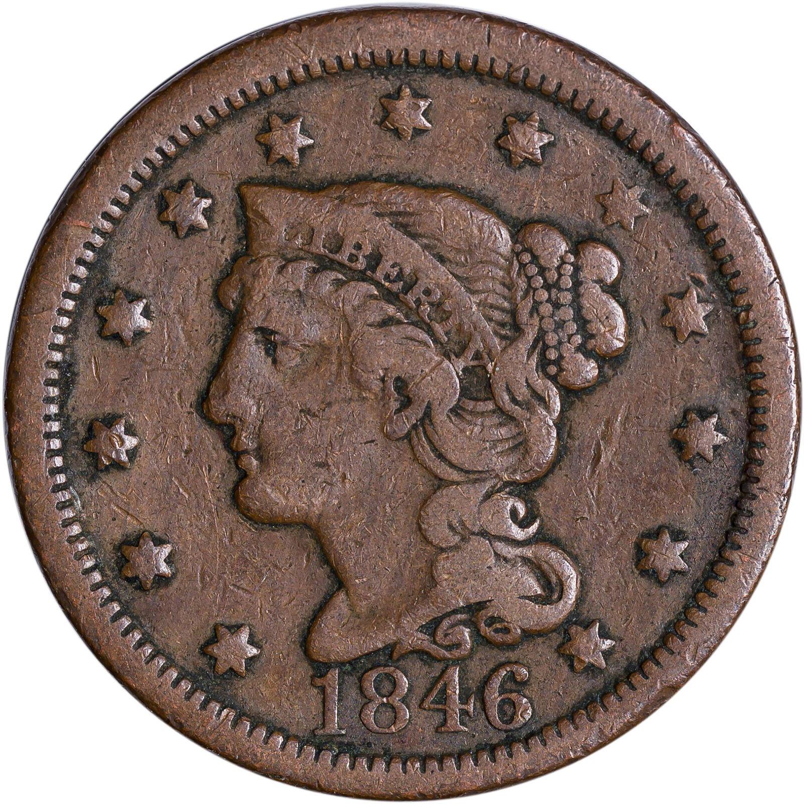 Fine-12 1846 Tall Date Large Cent: Medium tan surfaces.
