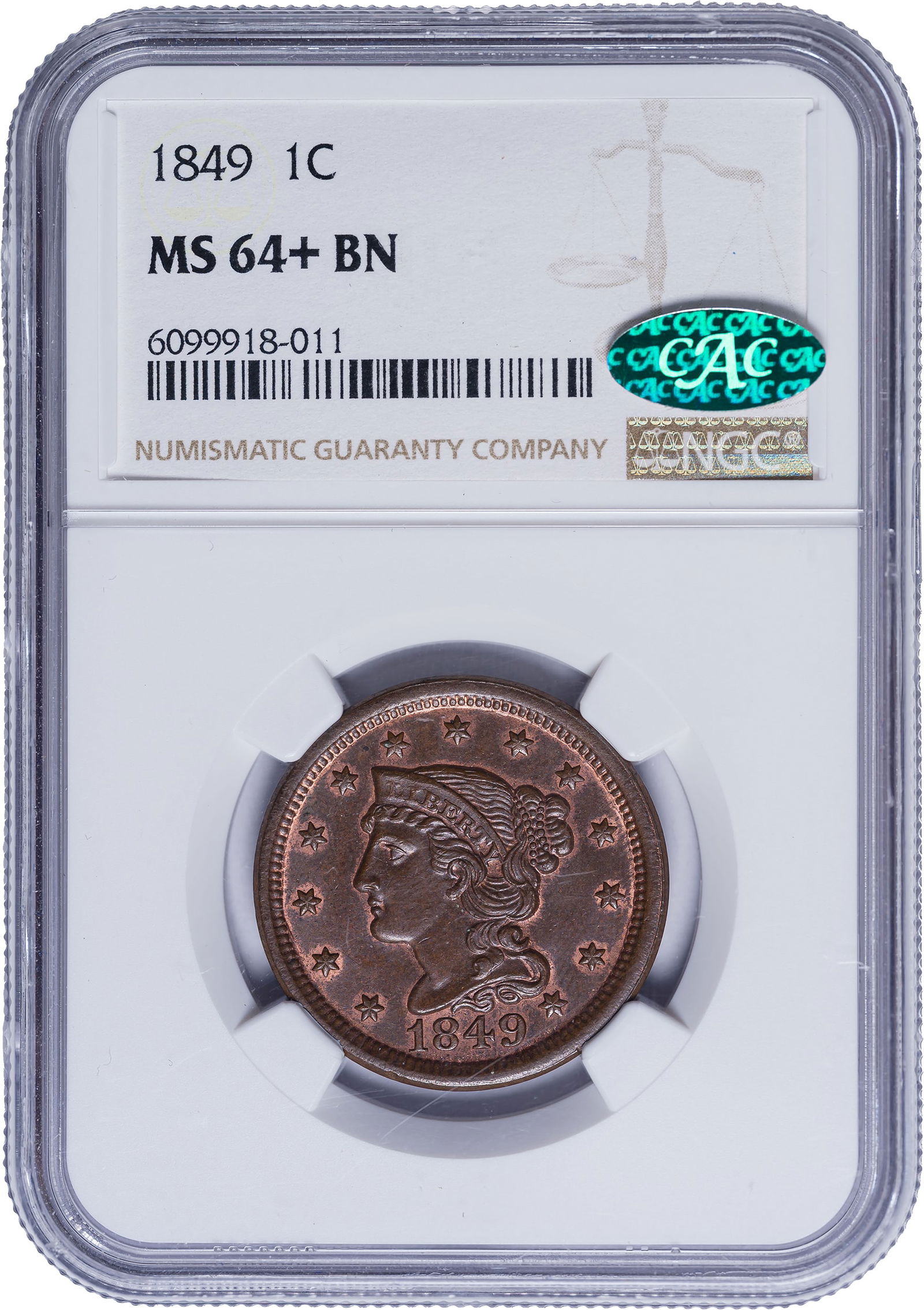 NGC MS-64+ BN CAC 1849 Large Cent: Shows much red for a "brown" coin with the reverse easily making Red Brown in our opinion. Very scarce and probably equal to some gems - if you could find one to compare.