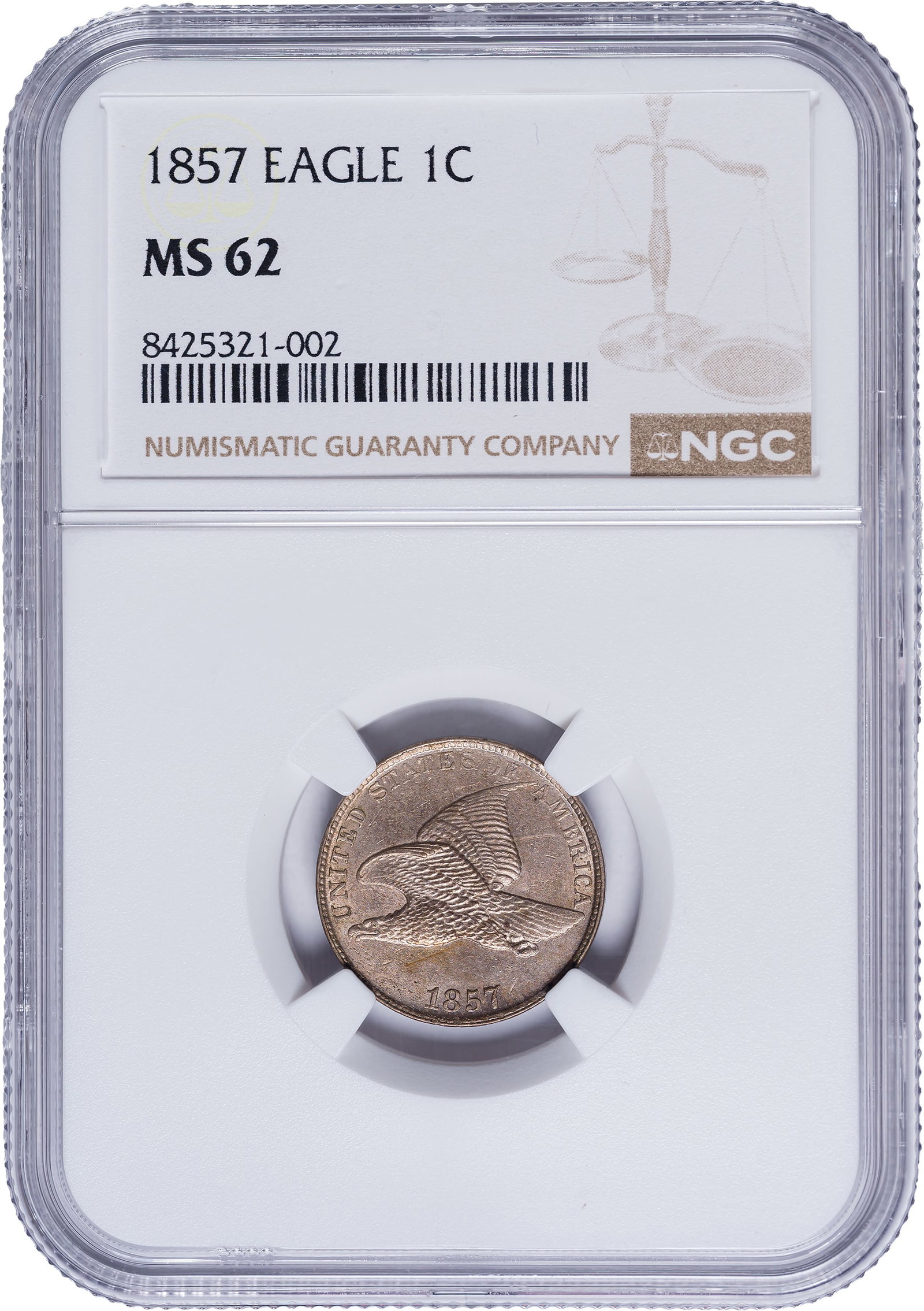NGC MS-62 1857 Flying Eagle Cent: Well struck and original. A premium quality flyer that is perhaps undergraded.