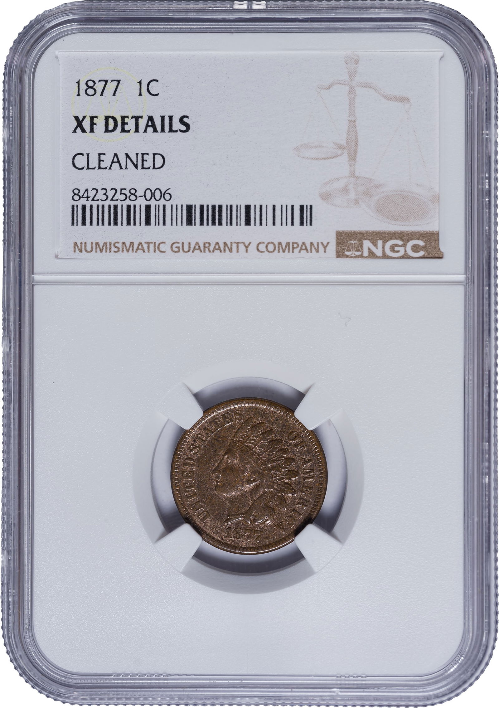 NGC EF Details 1877 Indian Cent: Cleaned but now toning back nicely, leaving an almost red brown look.