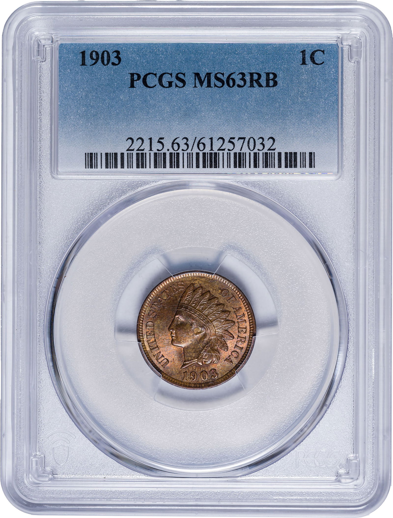 PCGS MS-63 RB 1903 Indian Cent: Lustrous and choice.
