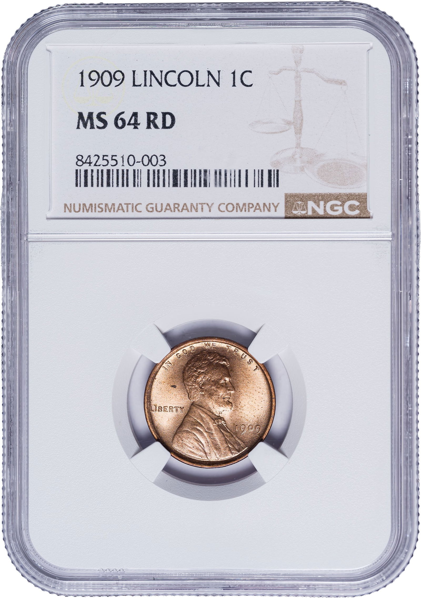 NGC MS-64 RD 1909 Lincoln Cent: Frosty and bright with lively cartwheel activity.