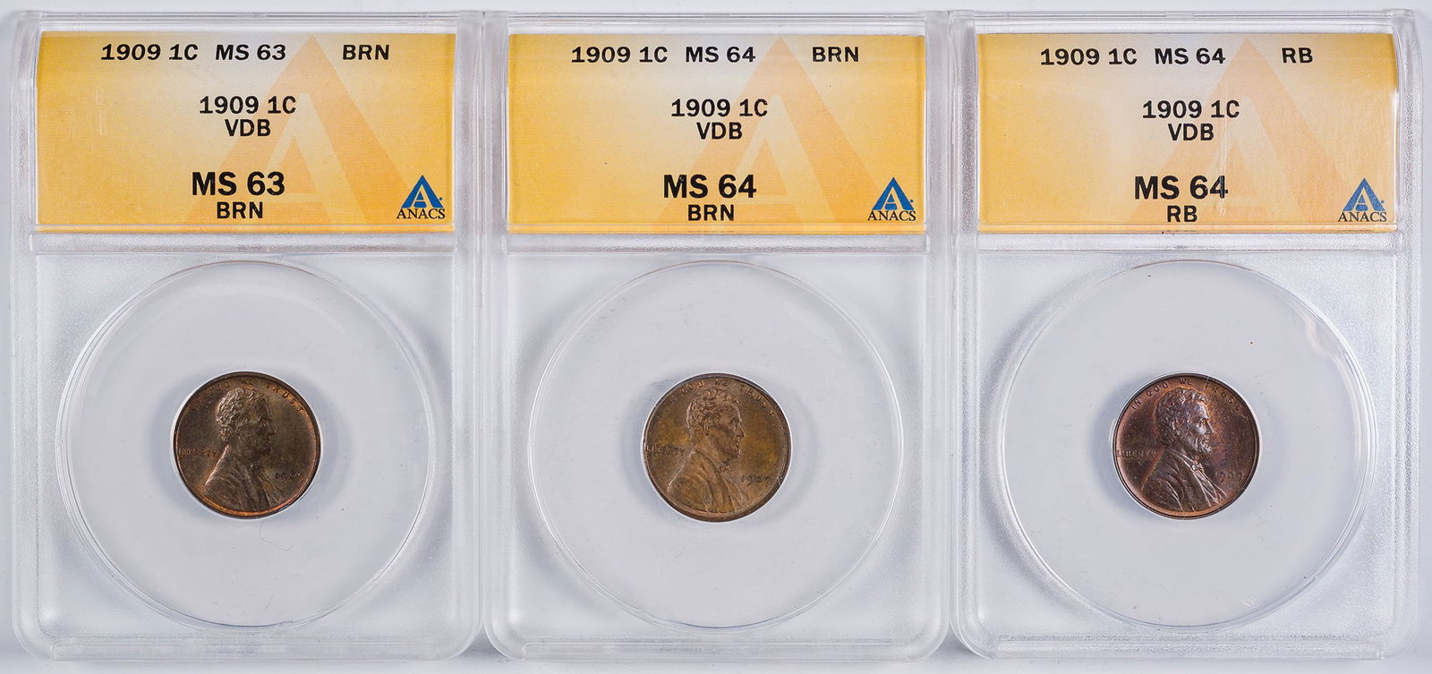 3 Pcs ANACS Certified 1909-VDB Lincoln Cents: Includes MS-63 BN, MS-64 BN and a MS-64 RB. (Total: 3 pcs)