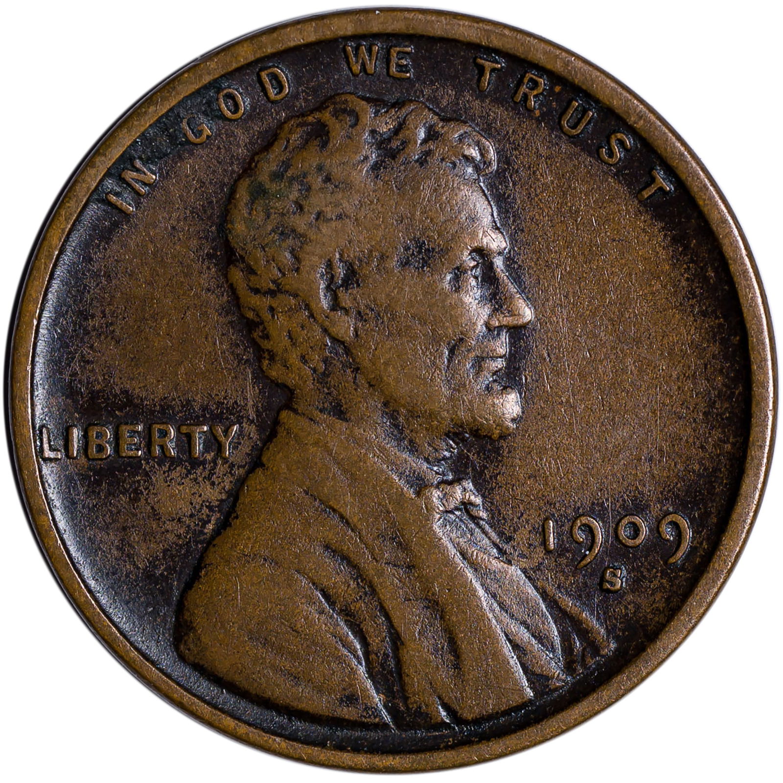 EF-40 1909-S VDB Lincoln Cent: Mostly light brown/tan with some darker tone in the protected areas of the obverse.