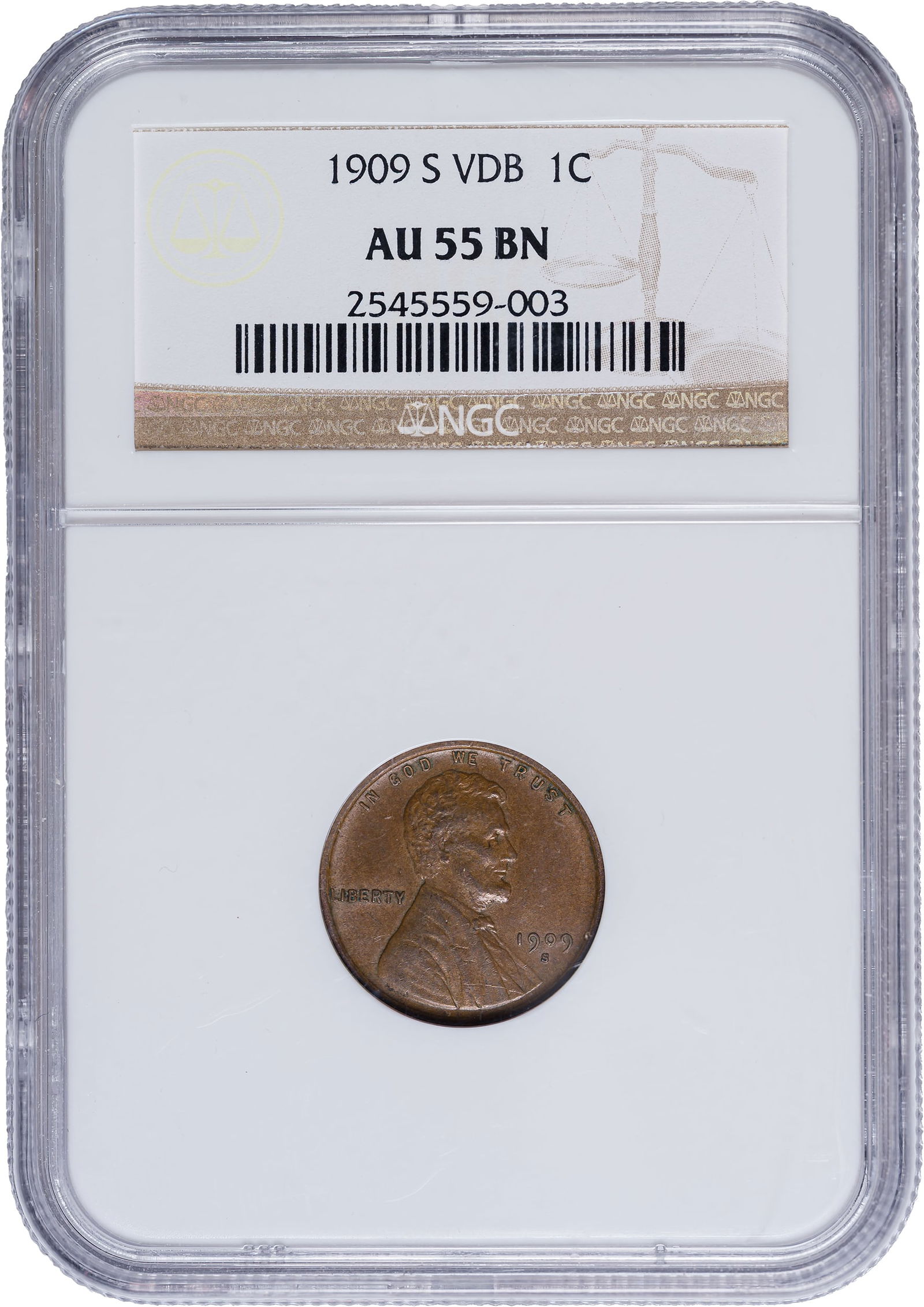 NGC AU-55 1909-S V.D.B. Lincoln Cent: Glossy deep golden-tan with underlying luster, bold details, and mark-free surfaces.