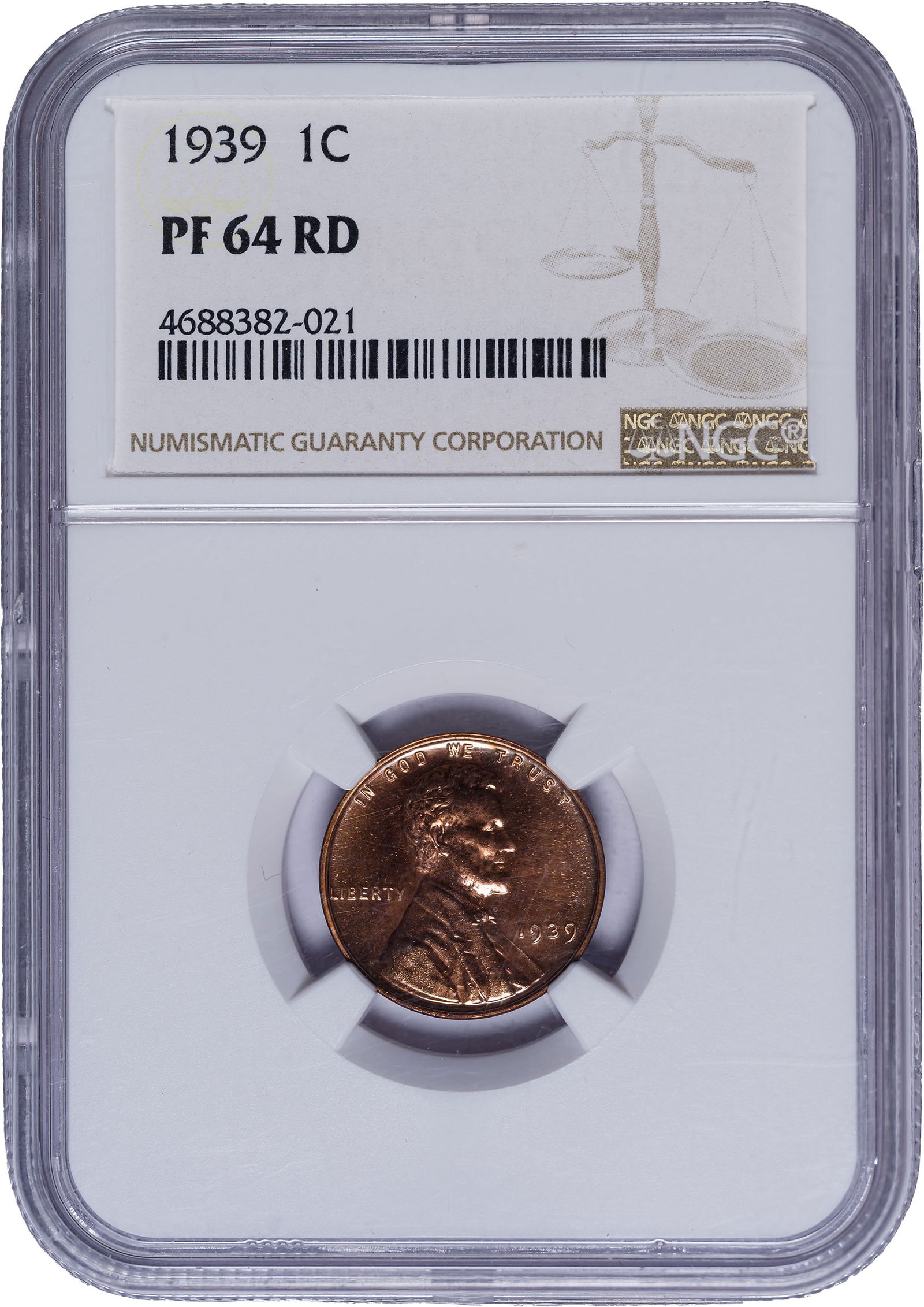 NGC Proof-64 RD 1939 Lincoln Cent: Bright and reflective golden-red surfaces.