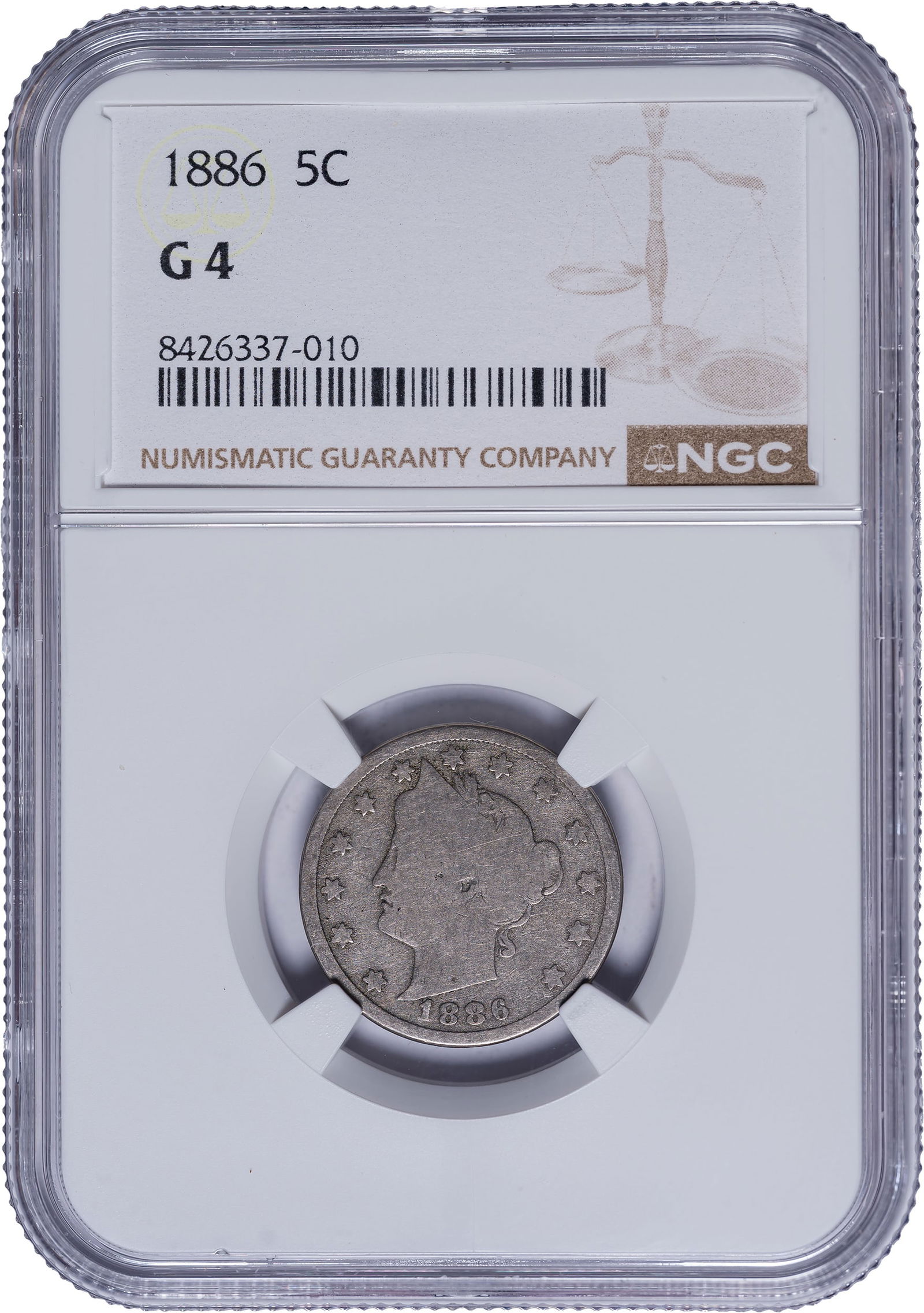 NGC Good-4 1886 Liberty Nickel: An evenly worn silver-gray example of this key date from the early years of the design type.