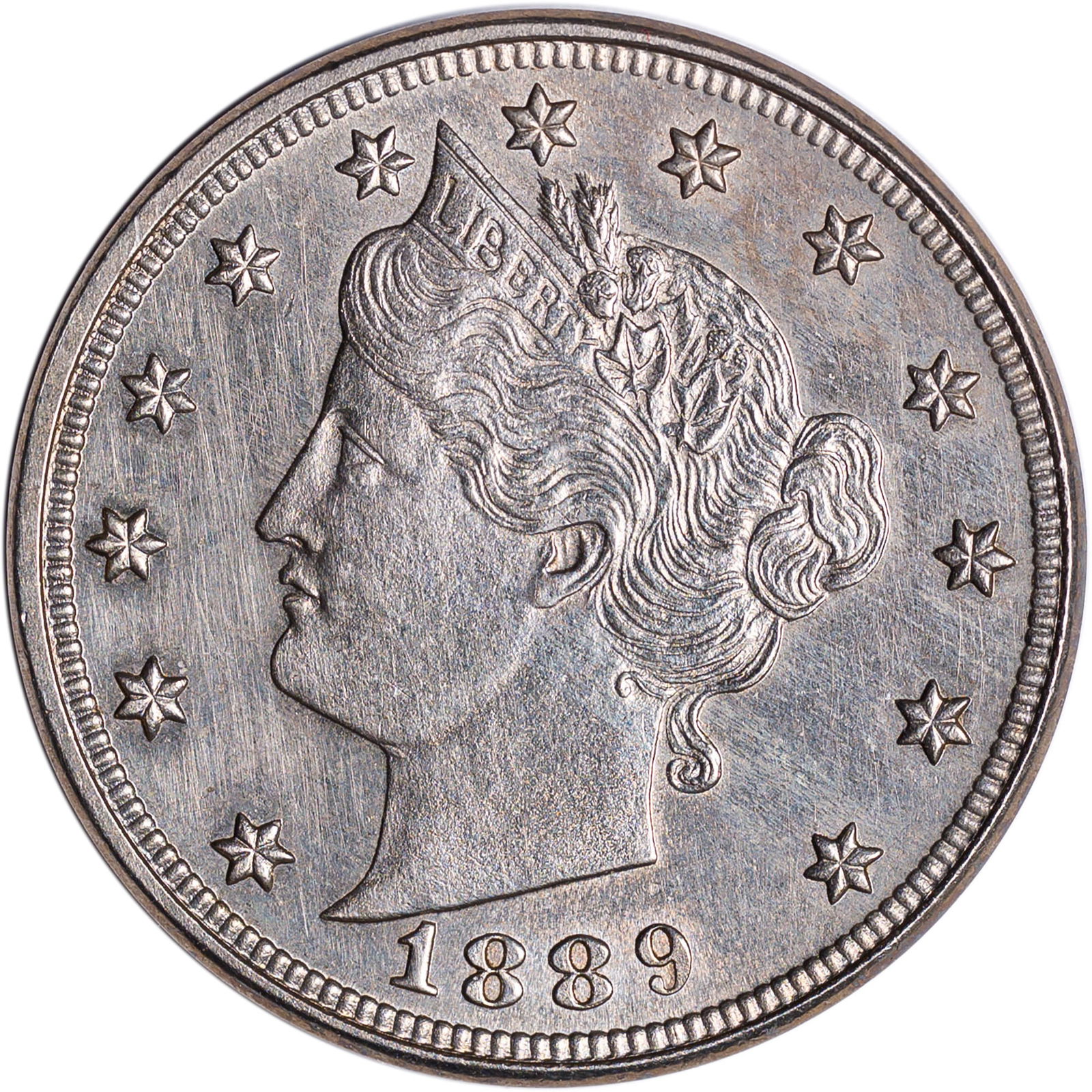 Proof-60 1889 Liberty Nickel: Pale golden surfaces reveal faint hairlines.
