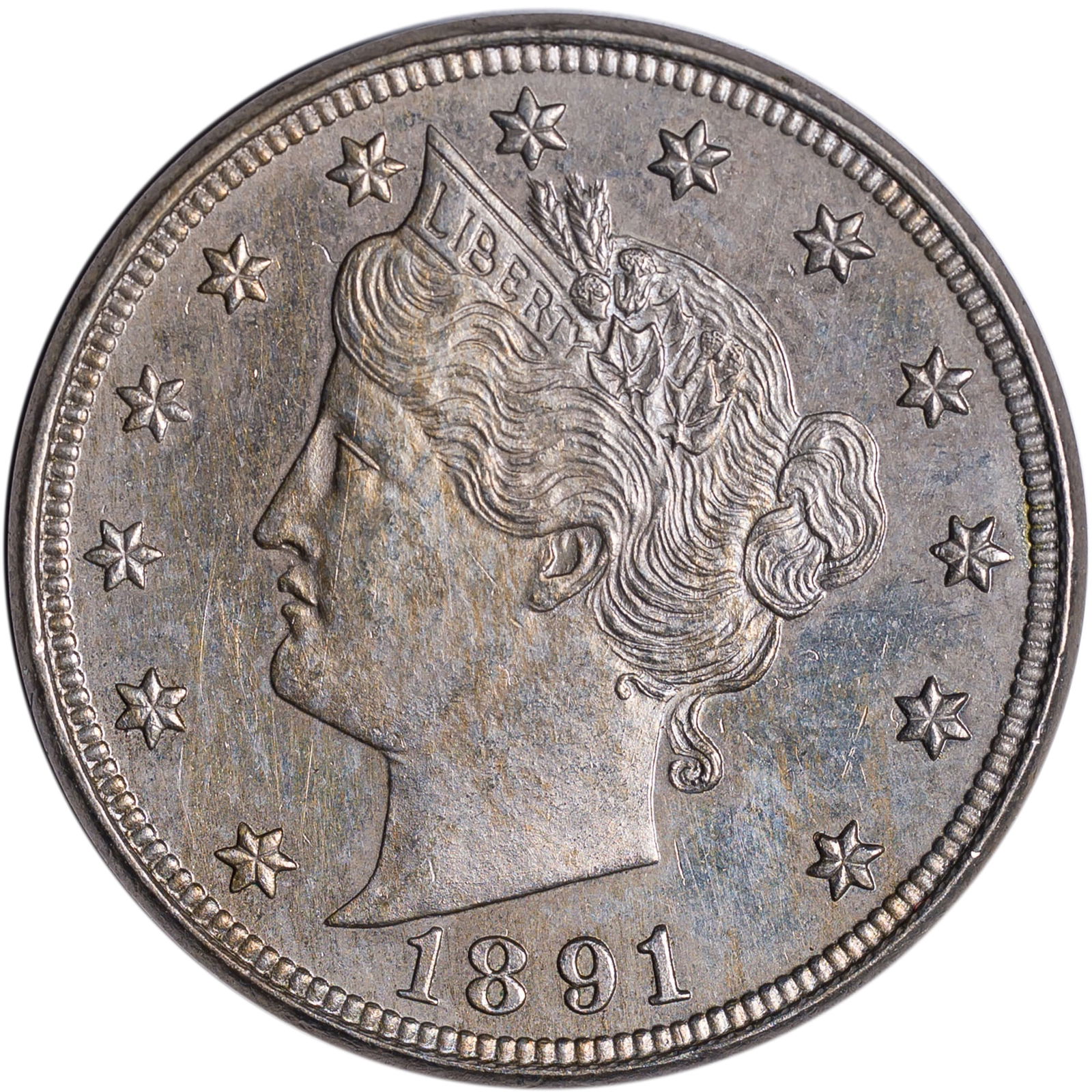 Proof-60+ 1891 Liberty Nickel: Original but with hairlining typical for this grade level.