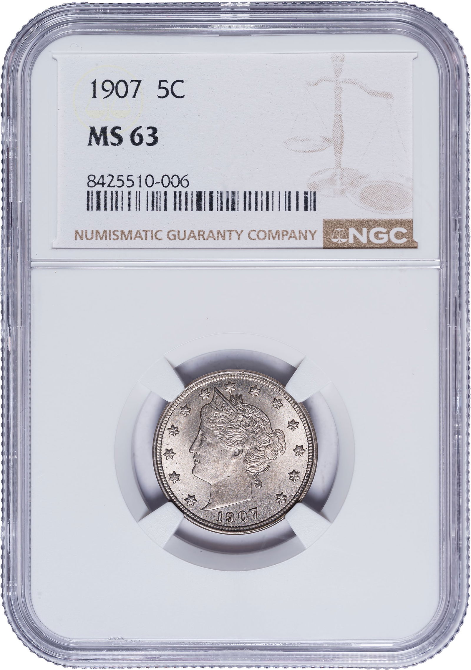 NGC MS-63 1907 Liberty Nickel: Satiny silver-gray with broadly sweeping cartwheel activity.