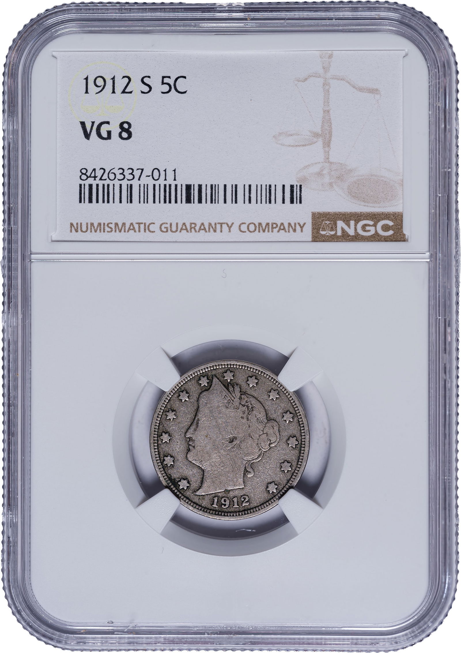 NGC VG-8 1912-S Liberty Nickel: Medium steel-gray with some deeper highlights. The first year of branch mint coinage in the nickel five-cents series.