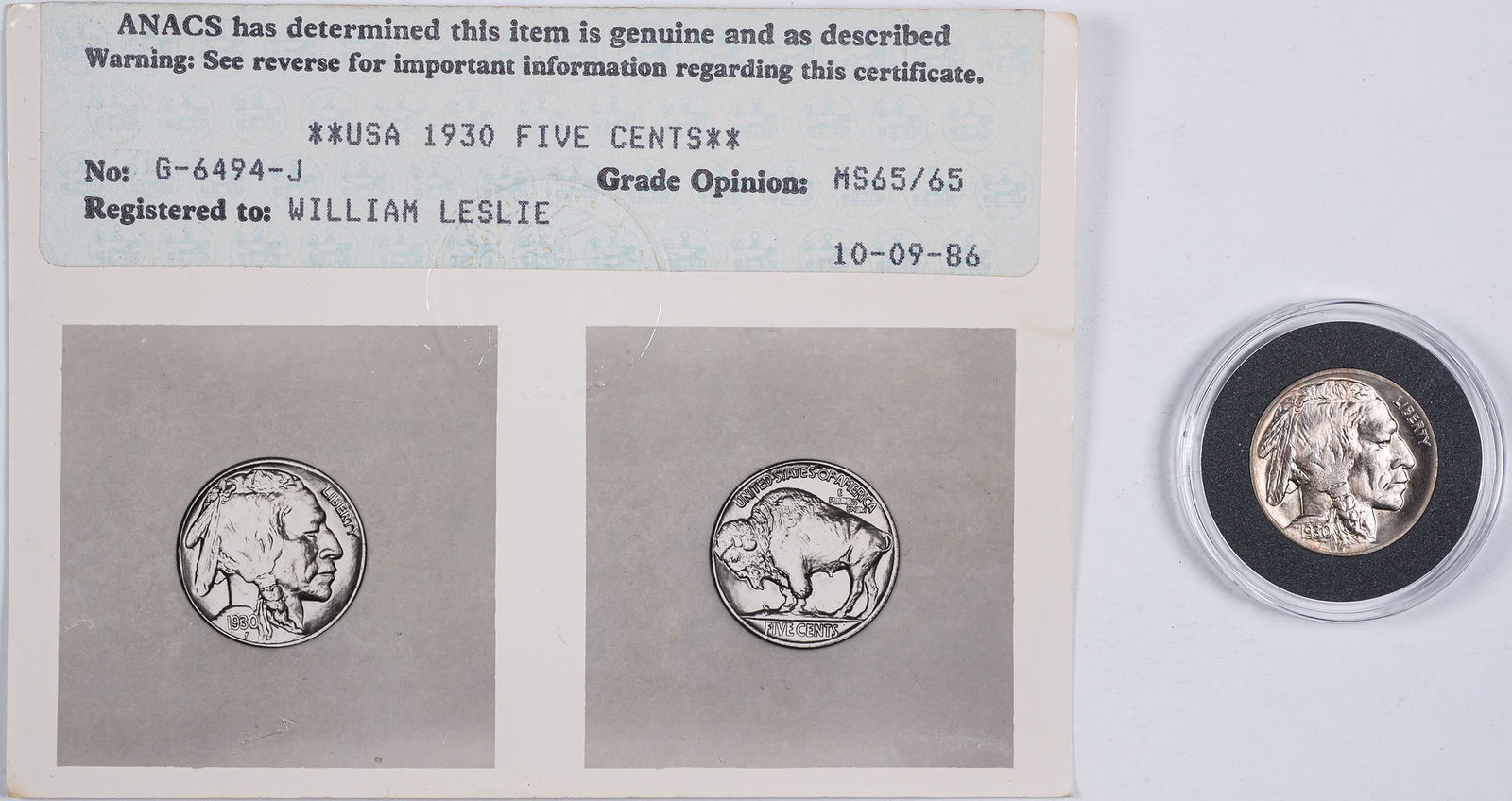 ANACS MS-65 1930 Buffalo Nickel: Accompanied by an 1986 ANACS Photo Certificate. The coin is brilliant and accurately graded to our eyes.