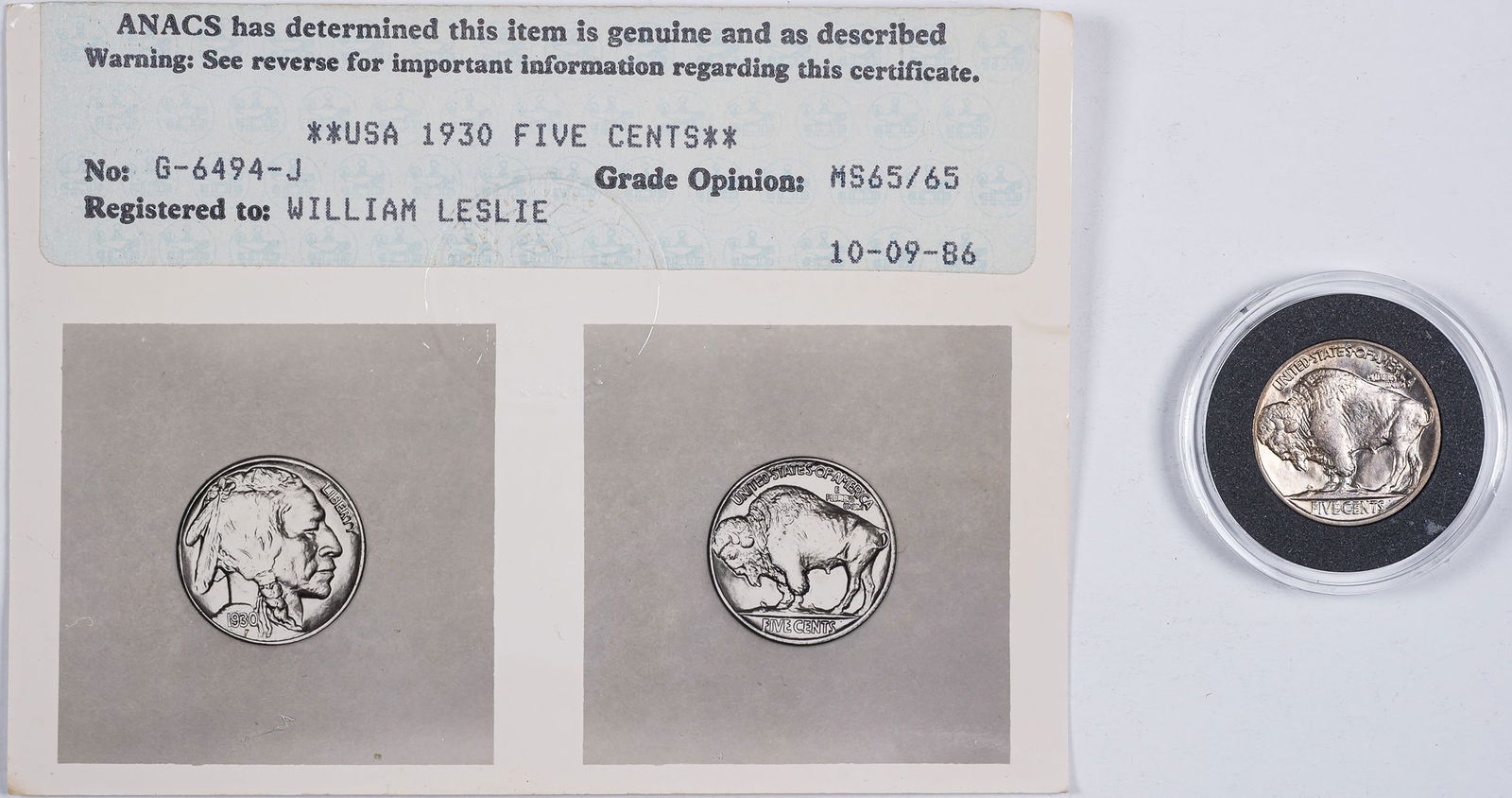 ANACS MS-65 1930 Buffalo Nickel - 2