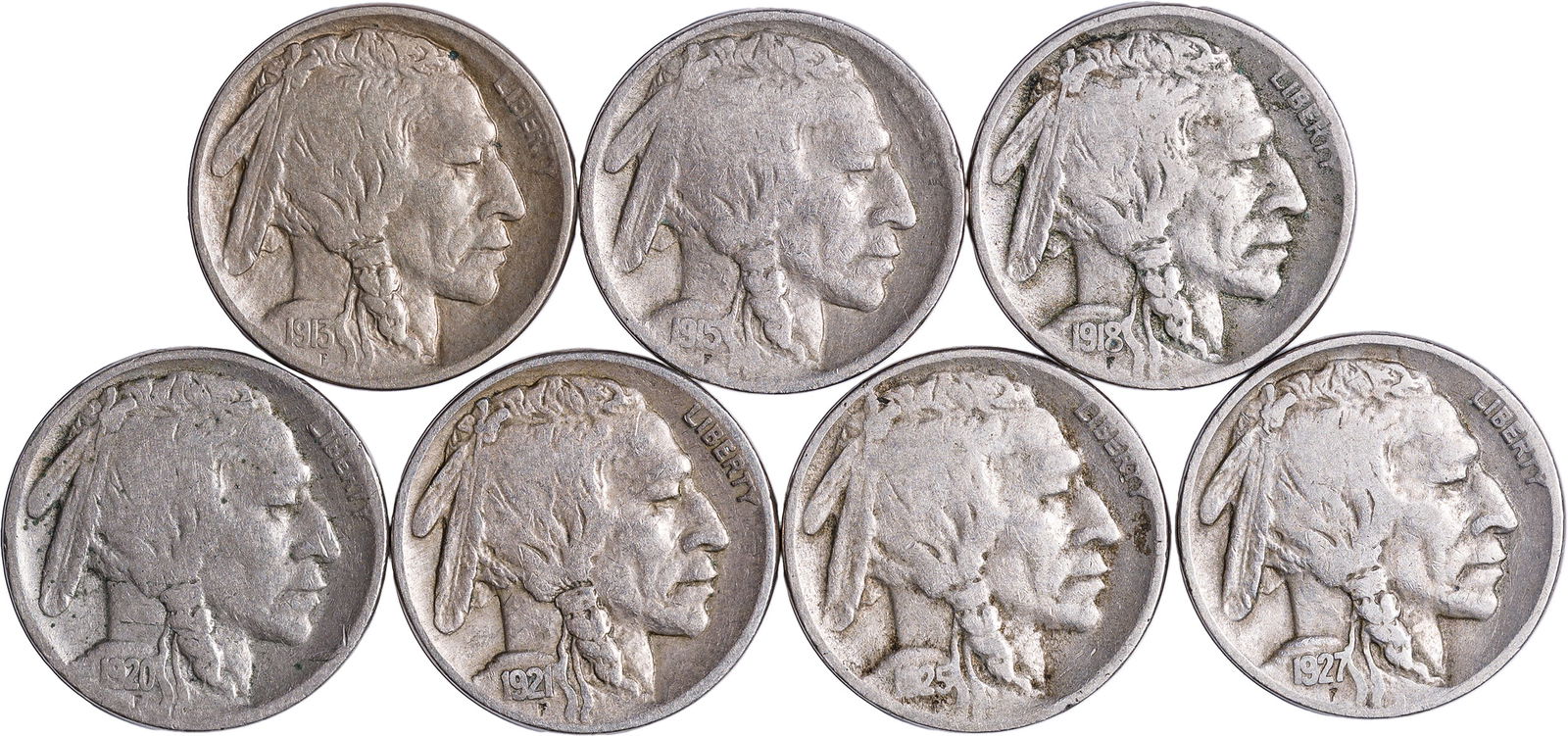 7 Pcs Better Buffalo Nickels: Includes: VF-20 1913-D TI, VG-8 1915-S, F-12 1918-D, VG-8 1920-S with a small plan flaw, VF-20 1921 with a spot, F-12 1925-D & F-12 1927-D. (Total: 7 pcs)