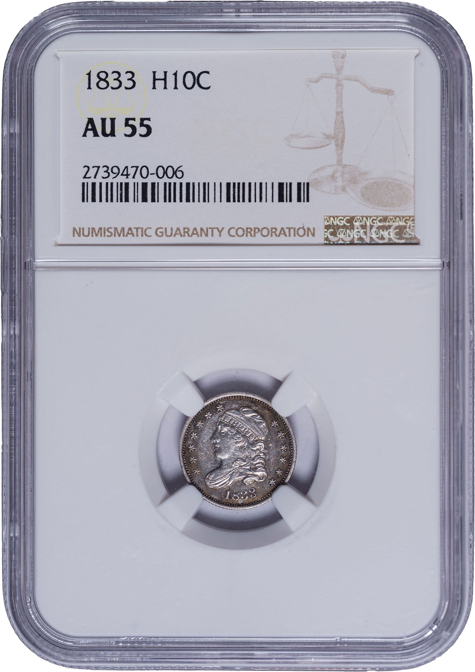 NGC AU-55 1833 Half Dime: Silver-gray centers with lilac-gray peripheries. Evenly circulated and not visibly marked.