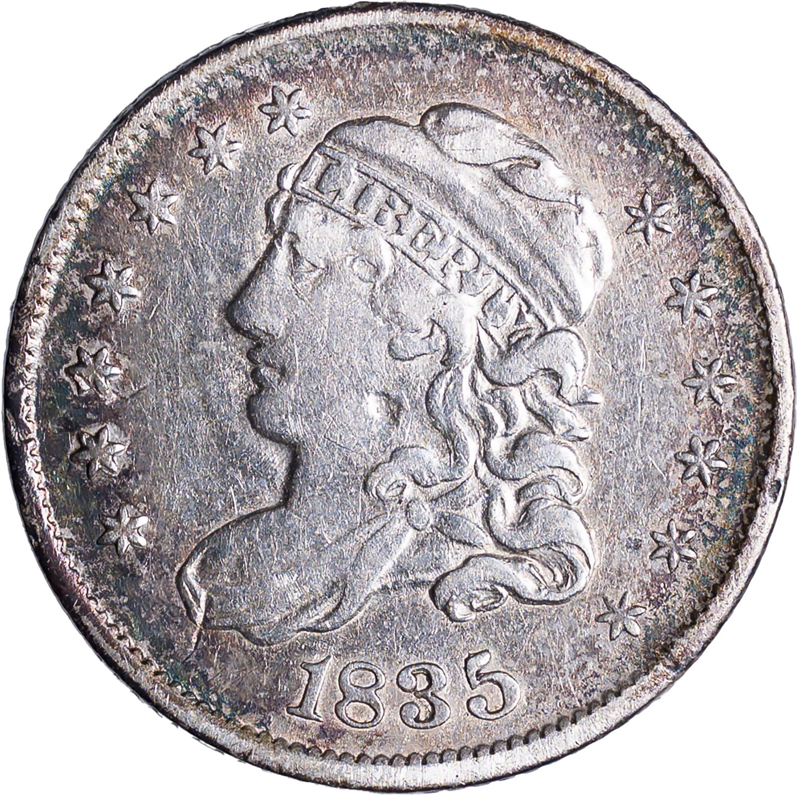 EF Details 1835 Capped Bust Half Dime: Lightly cleaned at some point, but now nicely recovering with deep blue-gray toning at the rims.