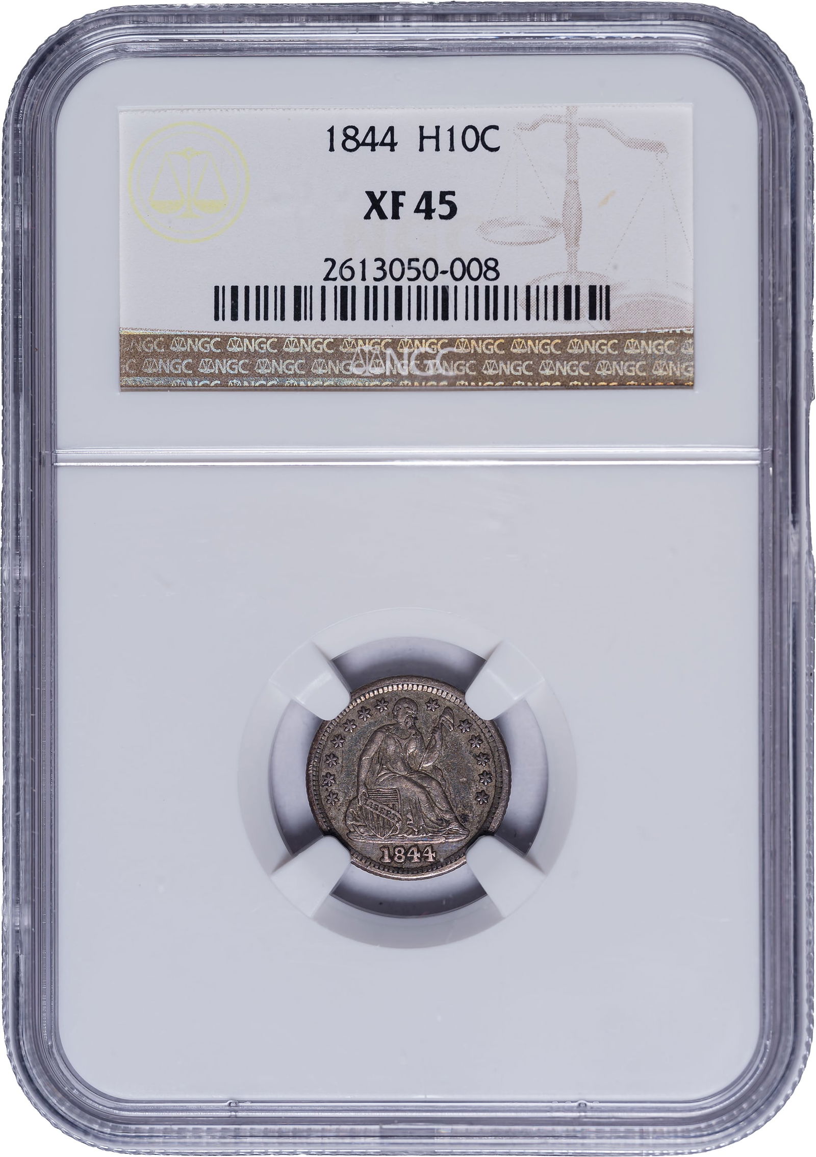NGC EF-45 1844 Half Dime: Repunched 84 in date. Deep steel-gray with bold features and delightful eye appeal.