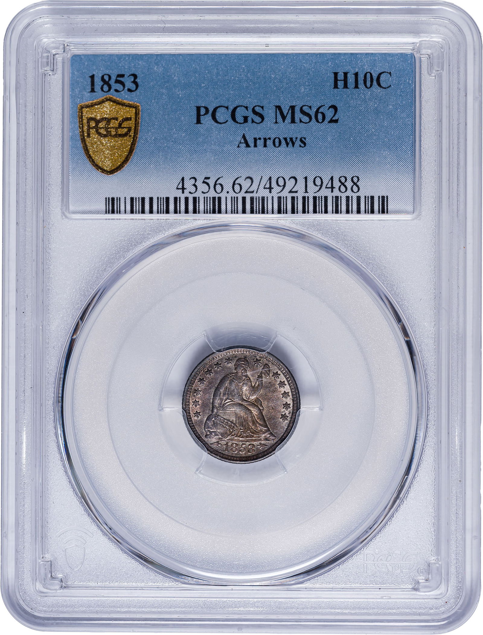 PCGS MS-62 1853 Arrows Half Dime: Bold underlying luster supports rose and powder-blue iridescence throughout.