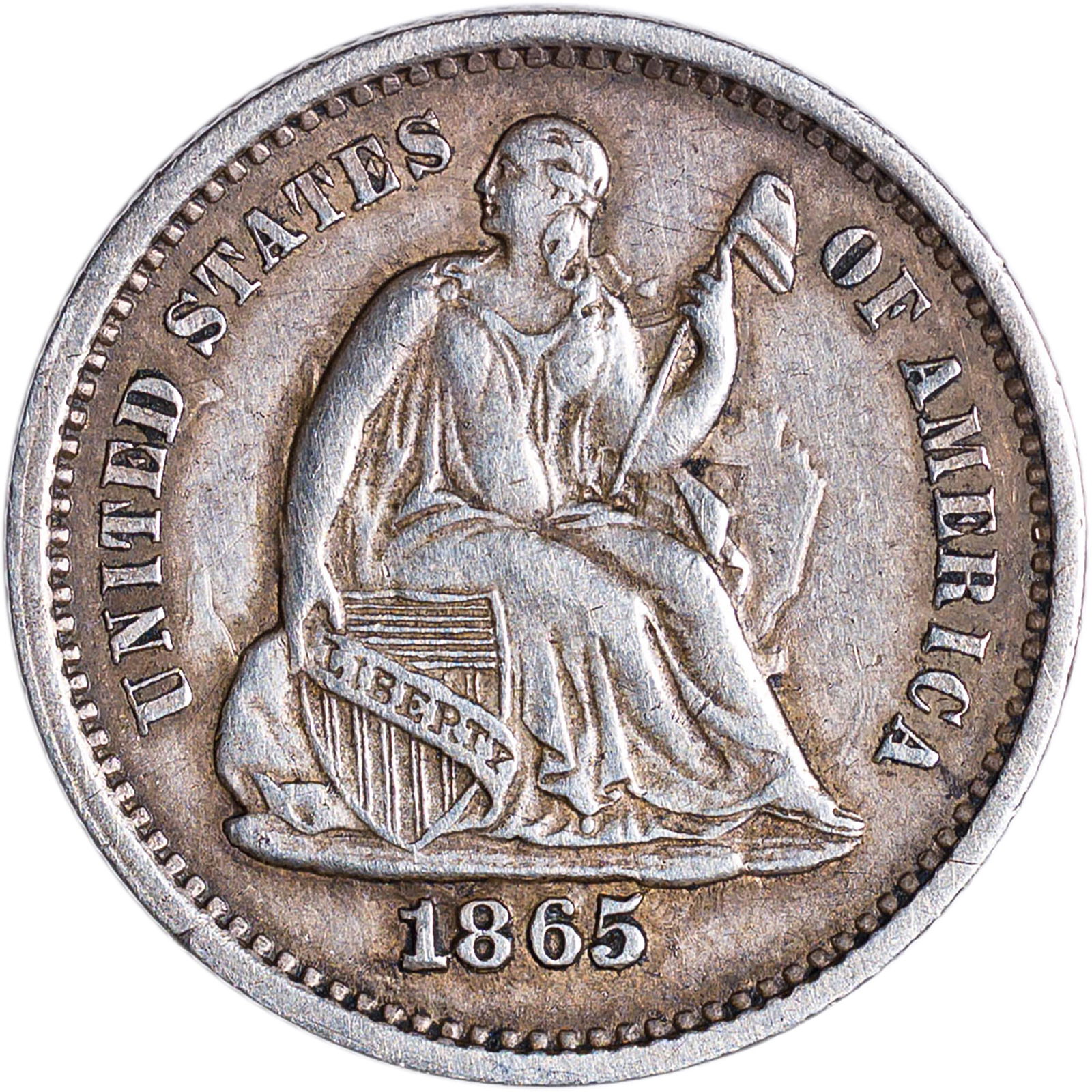 EF-45 1865-S Half Dime: Medium silver-gray with golden-gray highlights. Struck from noticeably clashed dies. Scarce in all grades.