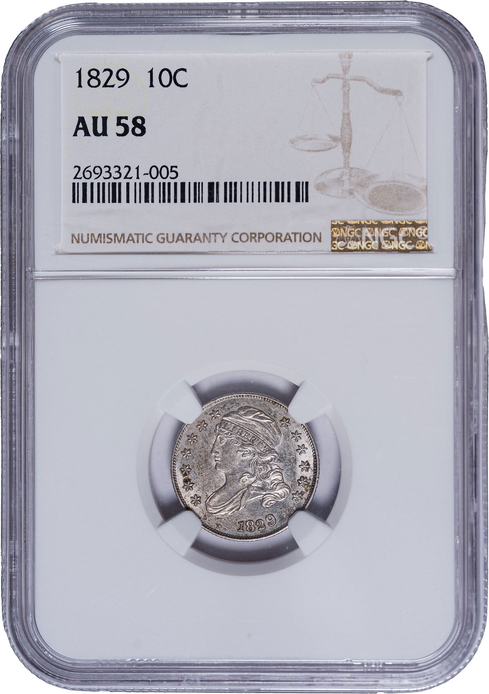NGC AU-58 1829 Dime: Sharp, lustrous, and mark-free with extensive eye appeal. A great choice for an upscale type set.