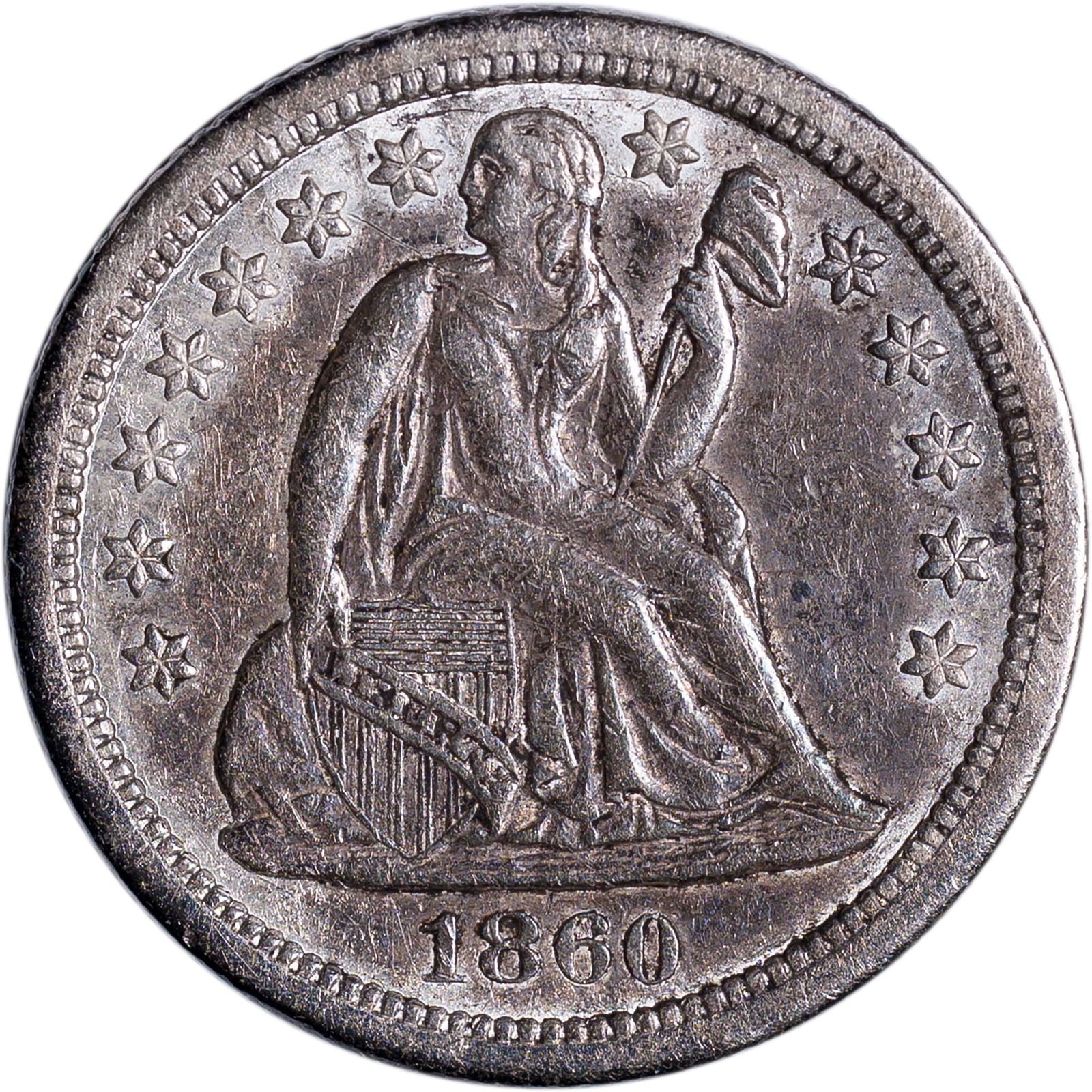 AU-50 1860-S Seated Dime: Lustrous with a mix of slate grey and light silver-grey tone. Perhaps lightly cleaned eons ago. Rare