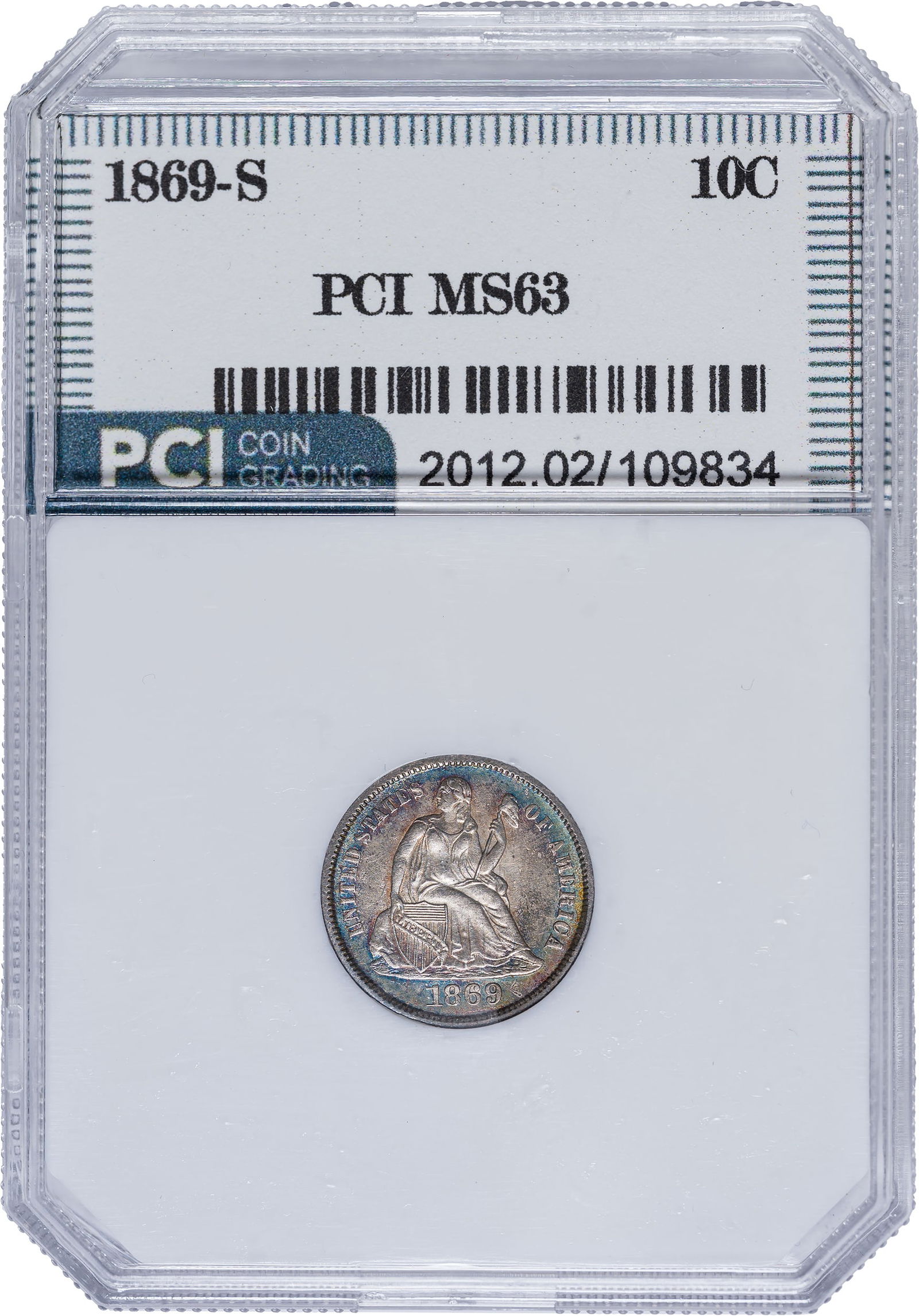 PCI MS-63 1869-S Seated Dime: We are most comfortable with an "MS-60, Cleaned" designation. Recovered nicely in varied rainbow shades.