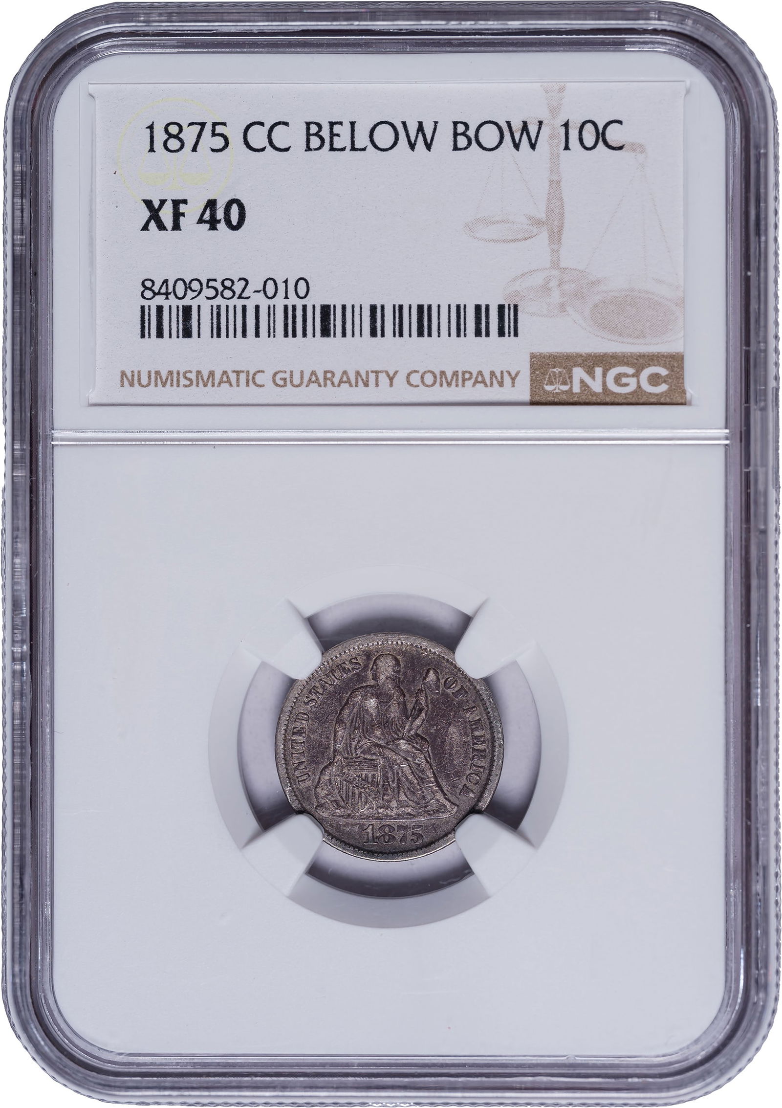 NGC EF-40 1875-CC Seated Dime: Mintmark above Bow. Not often seen above Fine to VF; these circulated heavily in the Carson City region. Rustic steel-gray with silvery high points.