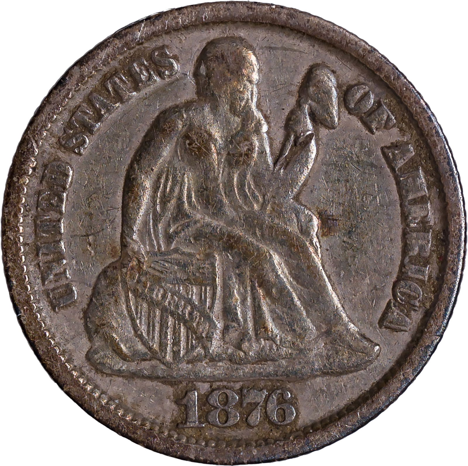 VF-20 1876-CC Double Die Seated Dime: Original with doubling most noticeable at "Of America" on the obverse.